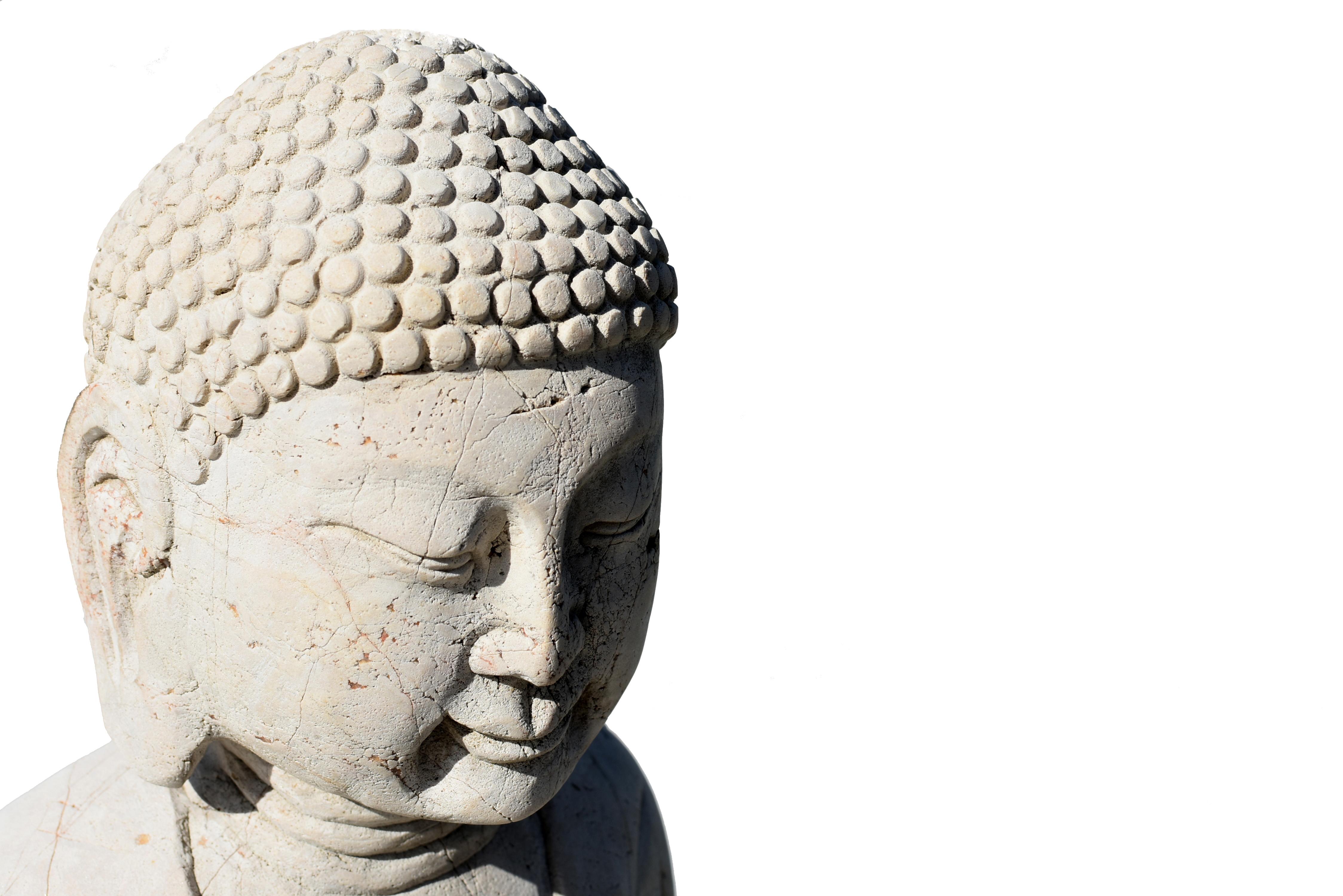 Eine schöne handgeschnitzte Steinstatue von Buddha Amitabha. Buddha sitzt in Dhyanasana und trägt ein elegantes Gewand, das über seinen Körper drapiert und um seine Knöchel gerafft ist. Fein gezeichnetes Gesicht mit langen, schlanken Augen und