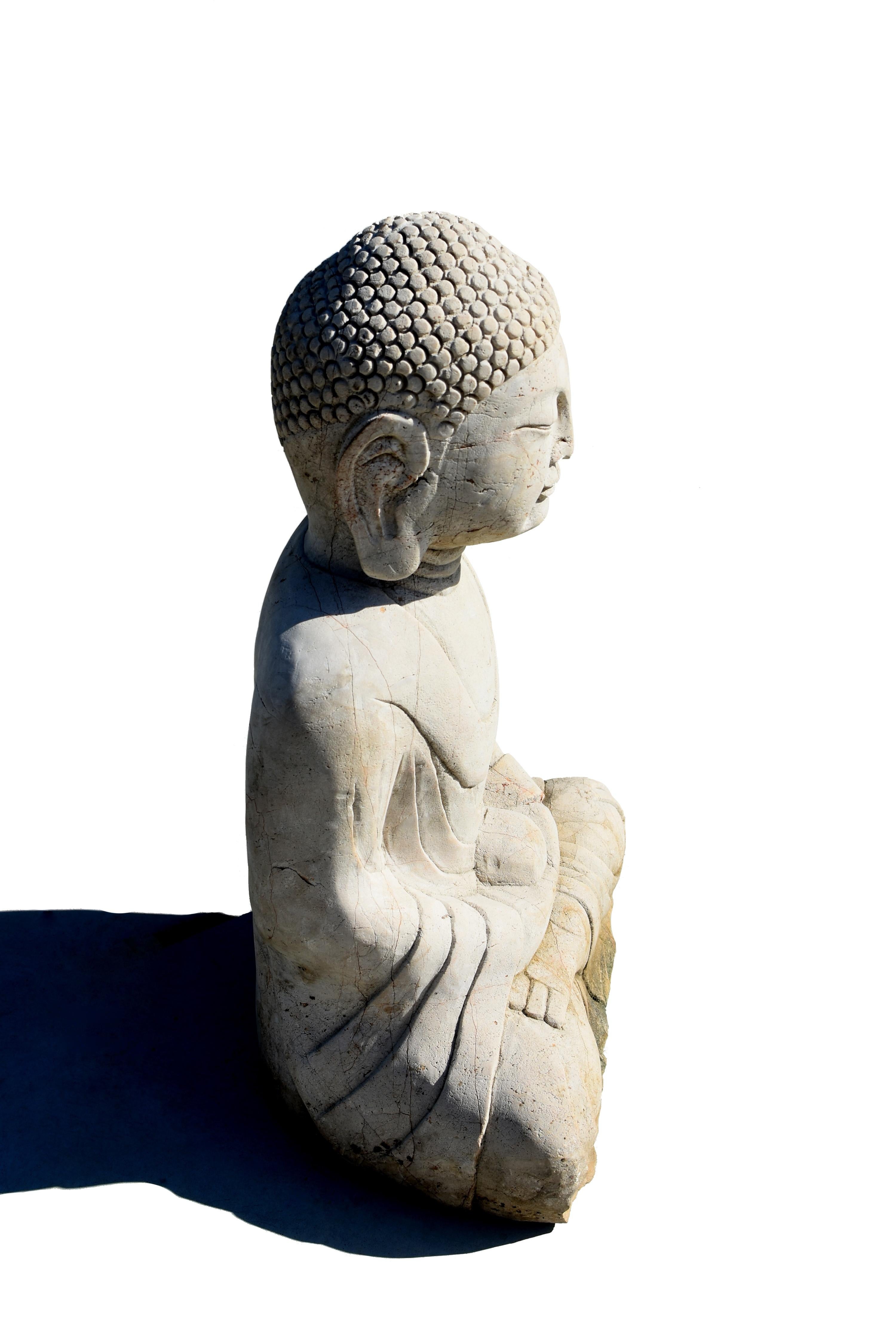 Hand-Carved Antique Stone Amitabha Buddha Statue For Sale