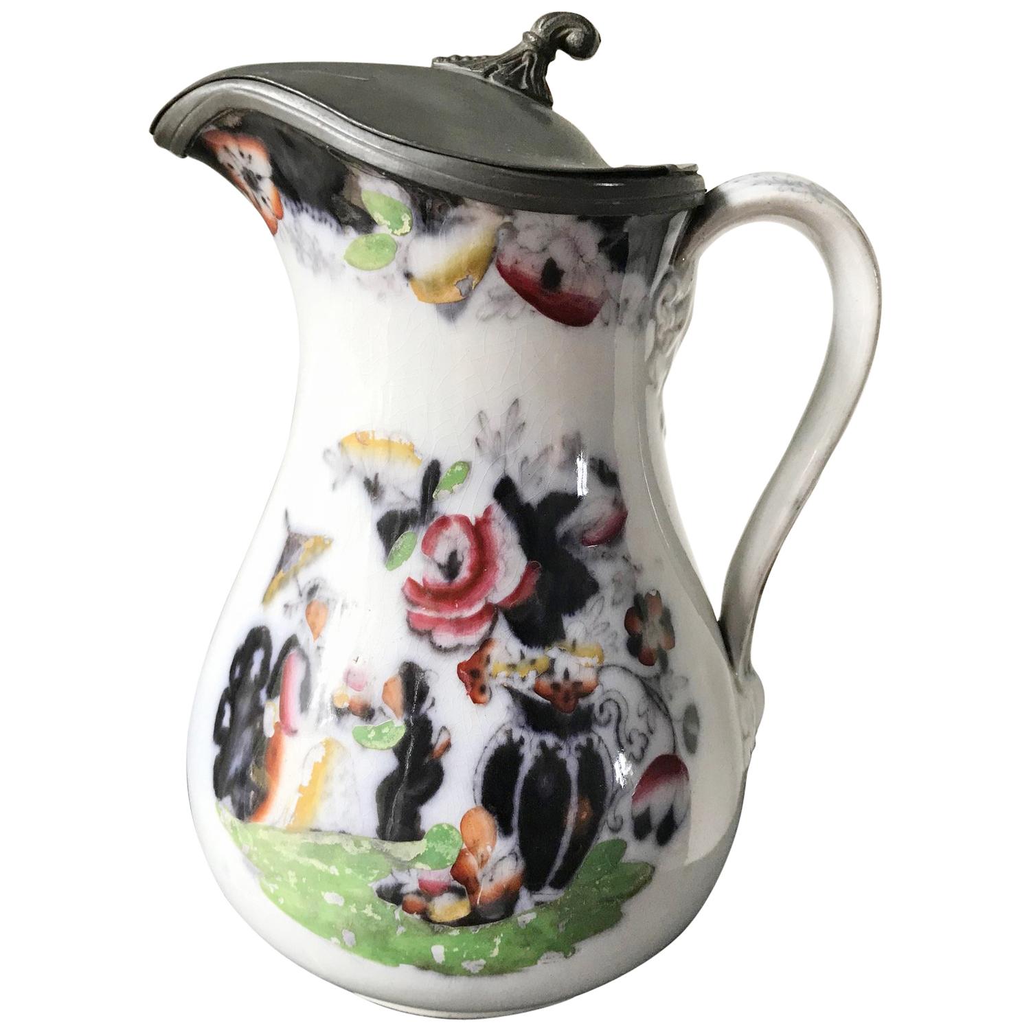 19th Century Stone Masonsware and Pewter Pitcher Jug For Sale