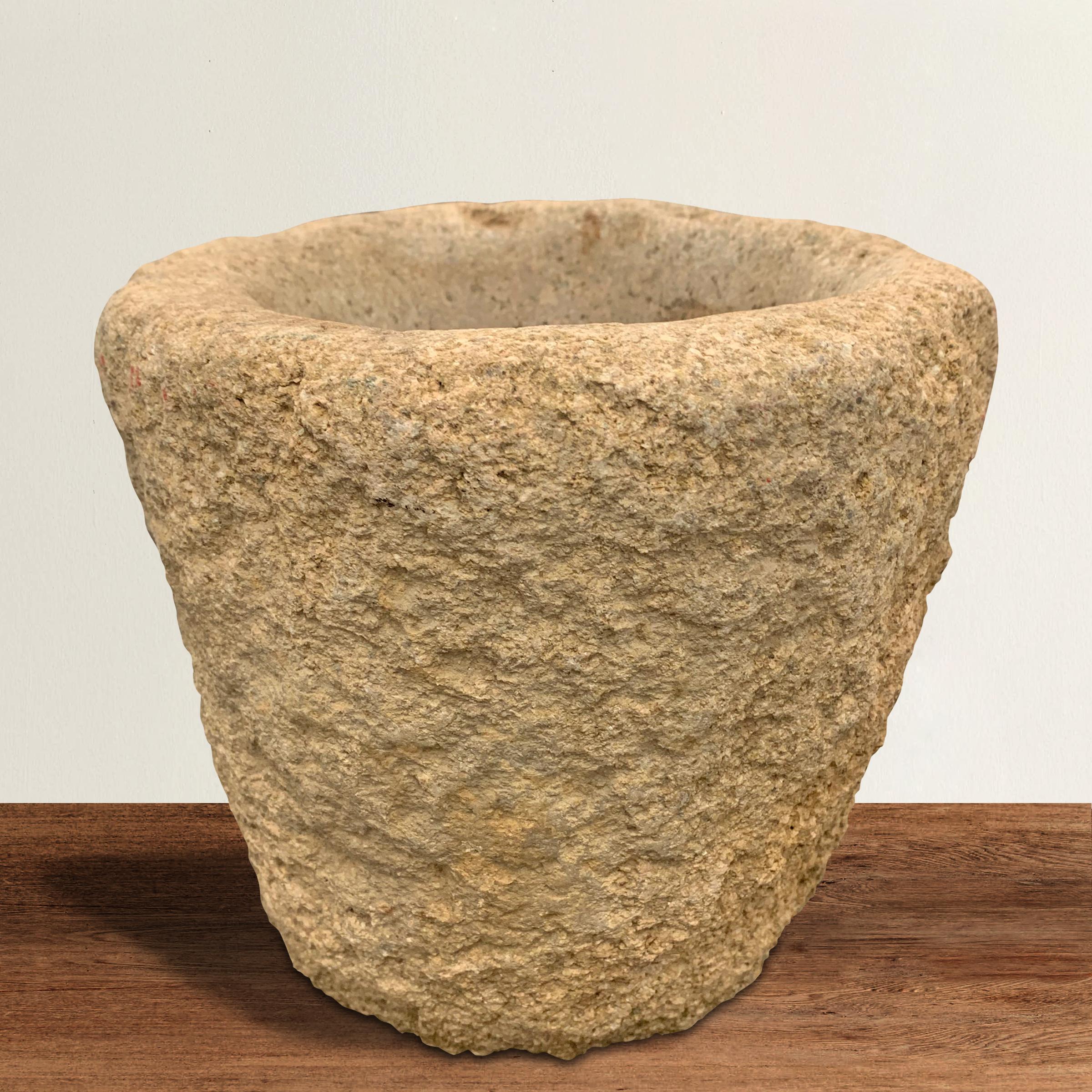 A wonderful 19th century carved limestone mortar used for crushing herbs, grains, and other foods. Wonderful finish and patina!