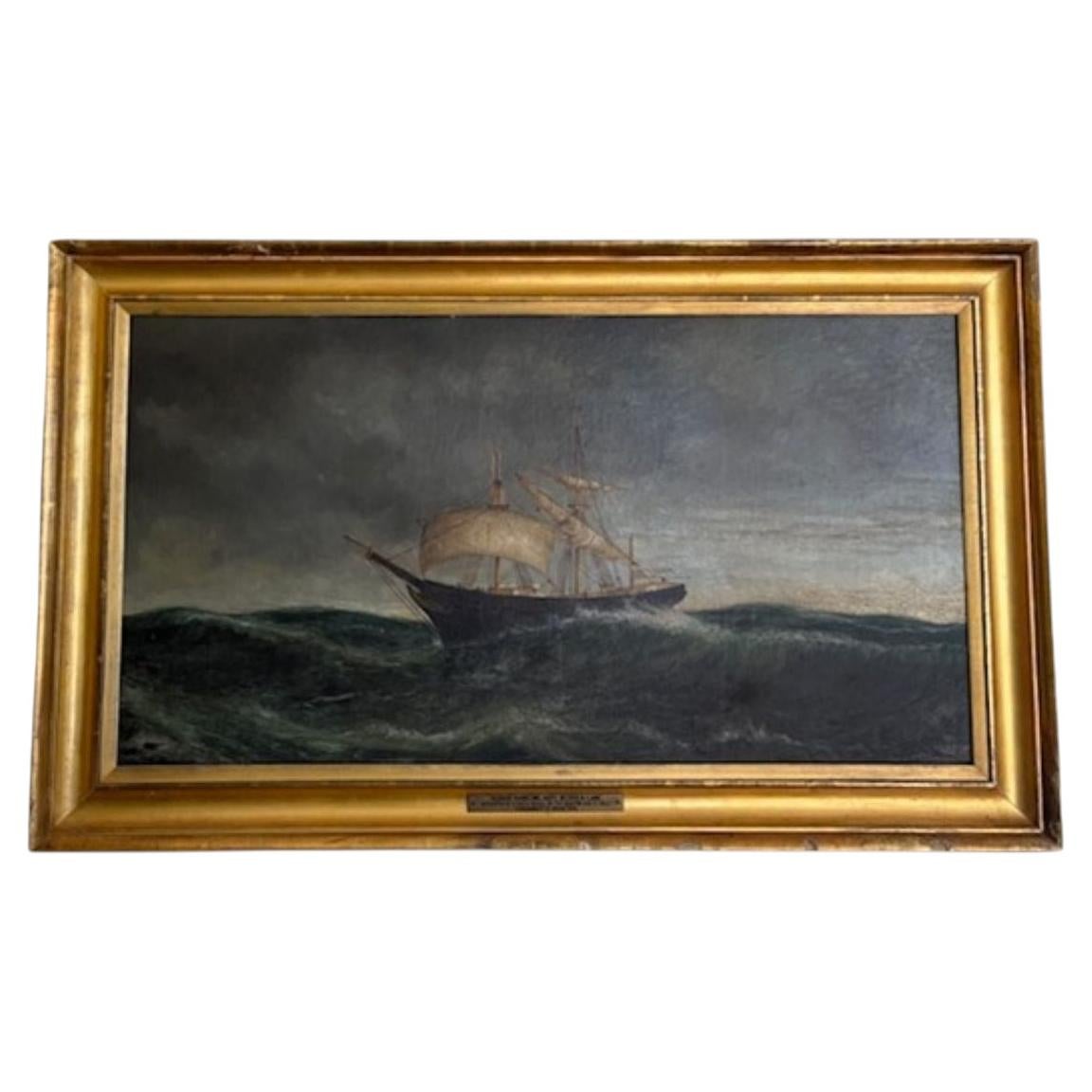 Paysage marin orageux du XIXe siècle représentant la barque "Caroline" dans un grain blanc en vente