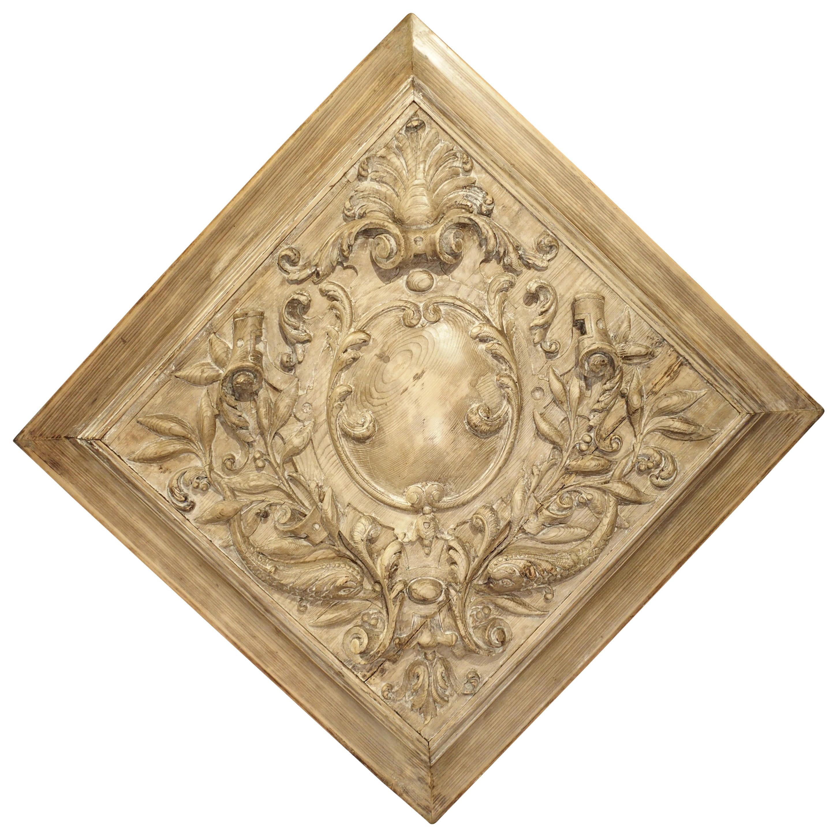 19th Century Stripped and Bleached Carved Square Panel from France