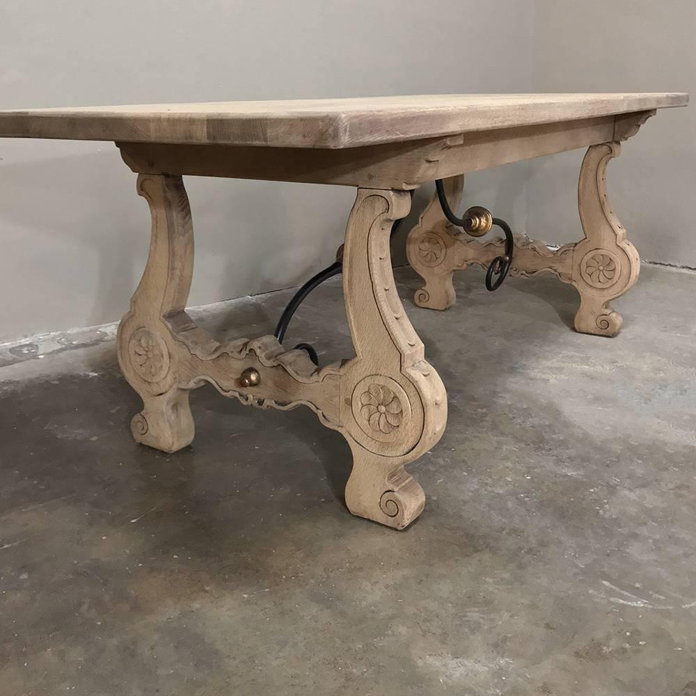 Country 19th Century Stripped Oak Spanish Dining Table with Hand-Forged Iron Stretchers
