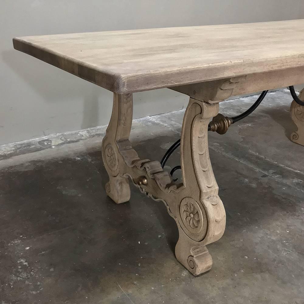 19th Century Stripped Oak Spanish Dining Table with Hand-Forged Iron Stretchers 1