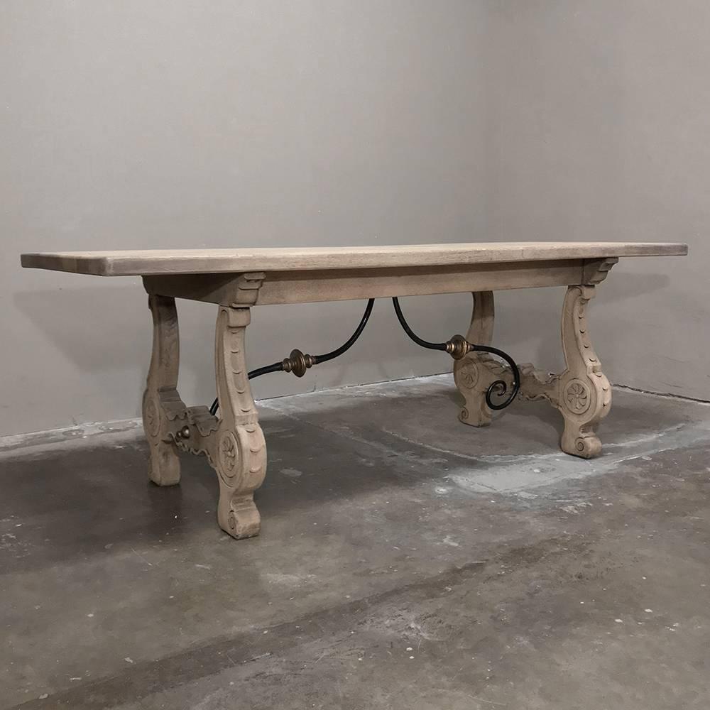 19th Century Stripped Oak Spanish Dining Table with Hand-Forged Iron Stretchers 2