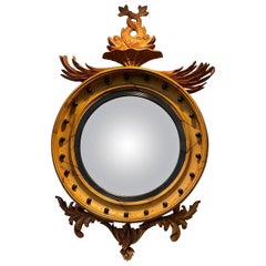 19th Century Stripped Pine Bullseye Mirror with Dolphins and Ebonized Balls