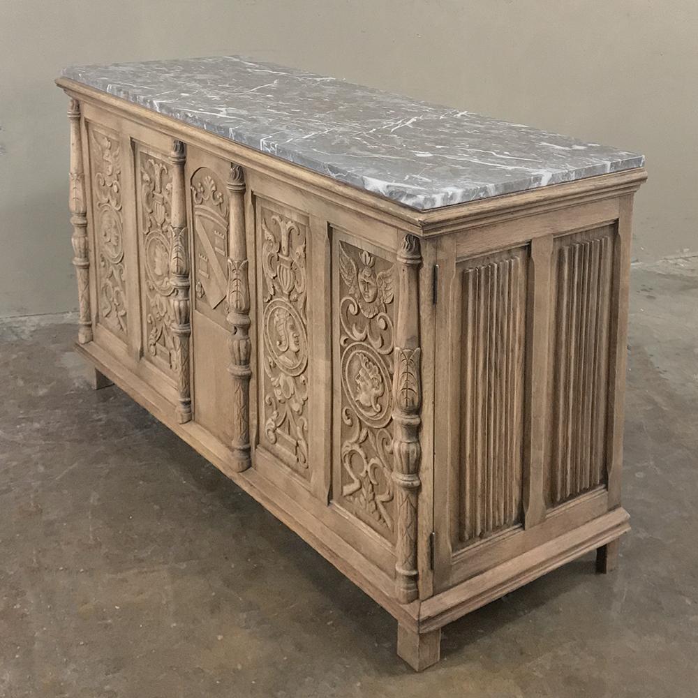 Hand-Carved 19th Century Stripped Renaissance Revival Low Buffet with Marble Top