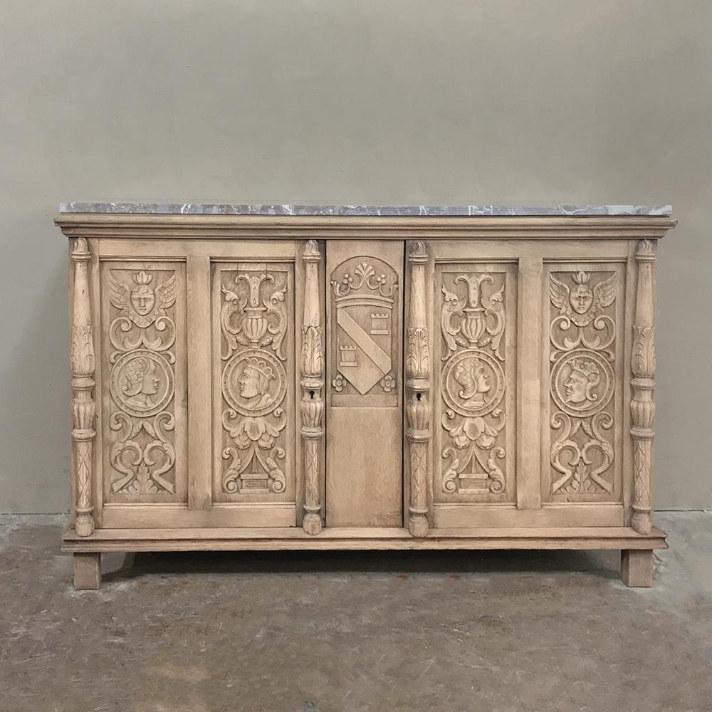 19th Century Stripped Renaissance Revival Low Buffet with Marble Top In Good Condition In Dallas, TX