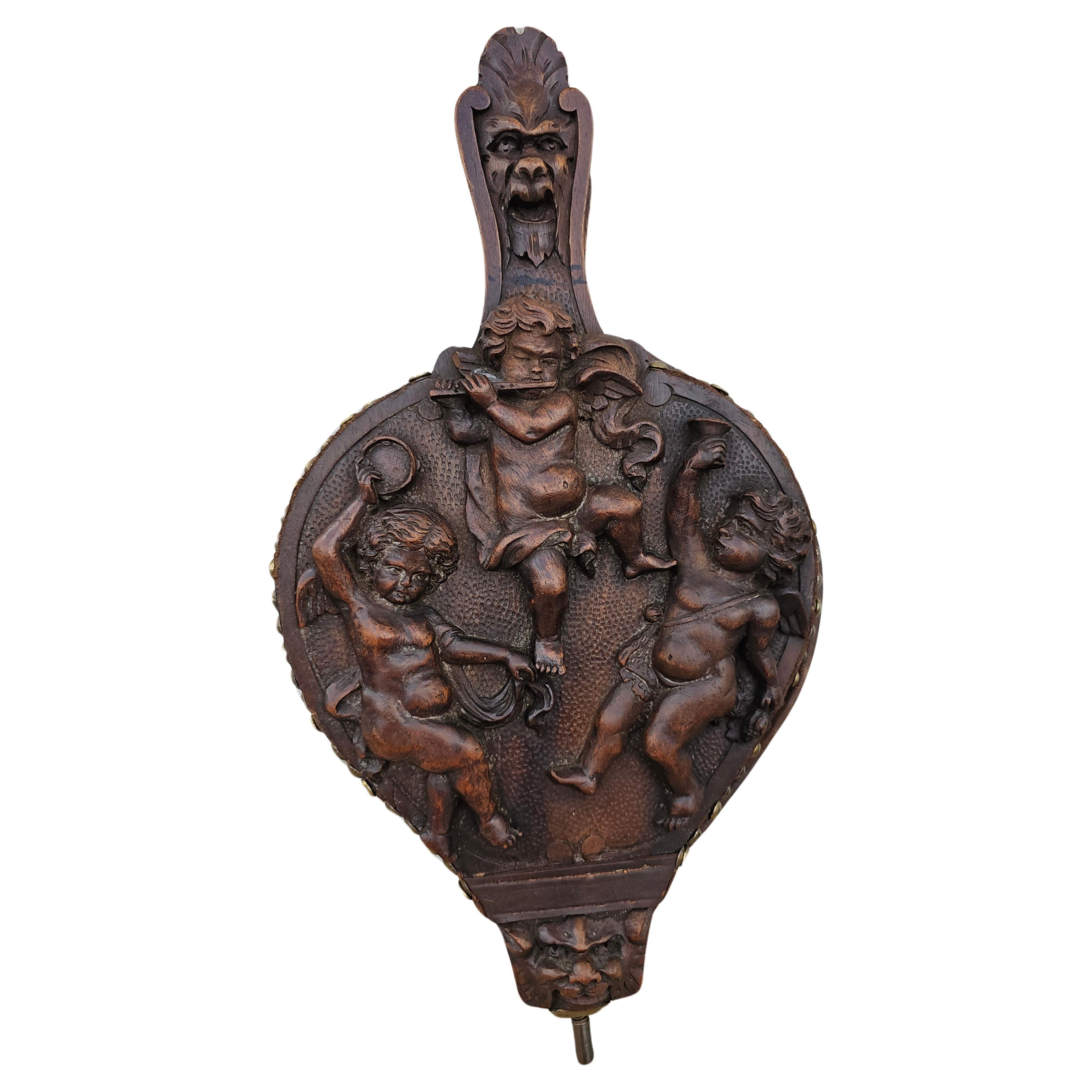 19th Century Studded Hand Carved Walnut Cherubs Bellows, L Latter For Sale
