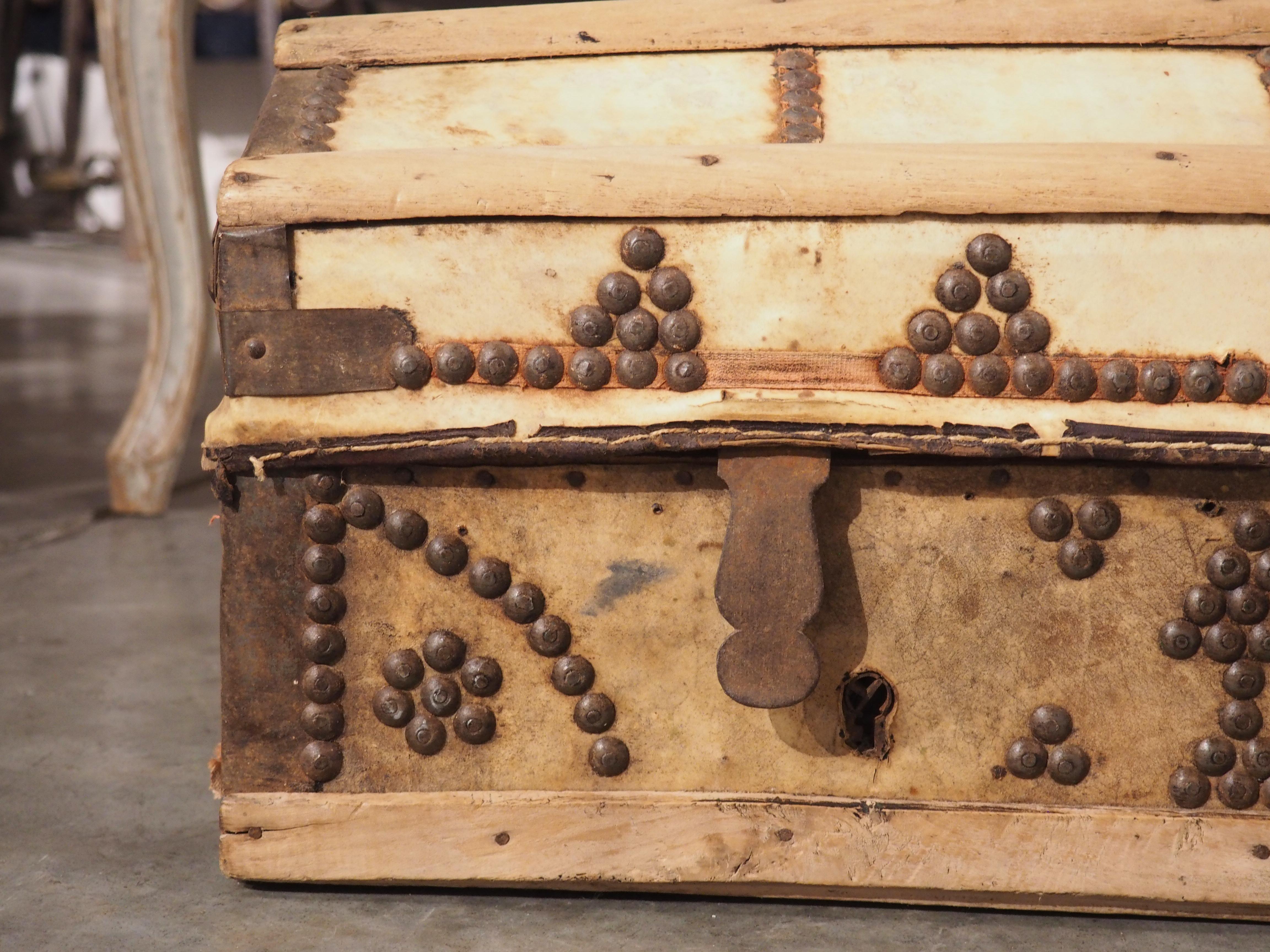 French 19th Century Studded Natural Leather and Wood Domed Coffre from France