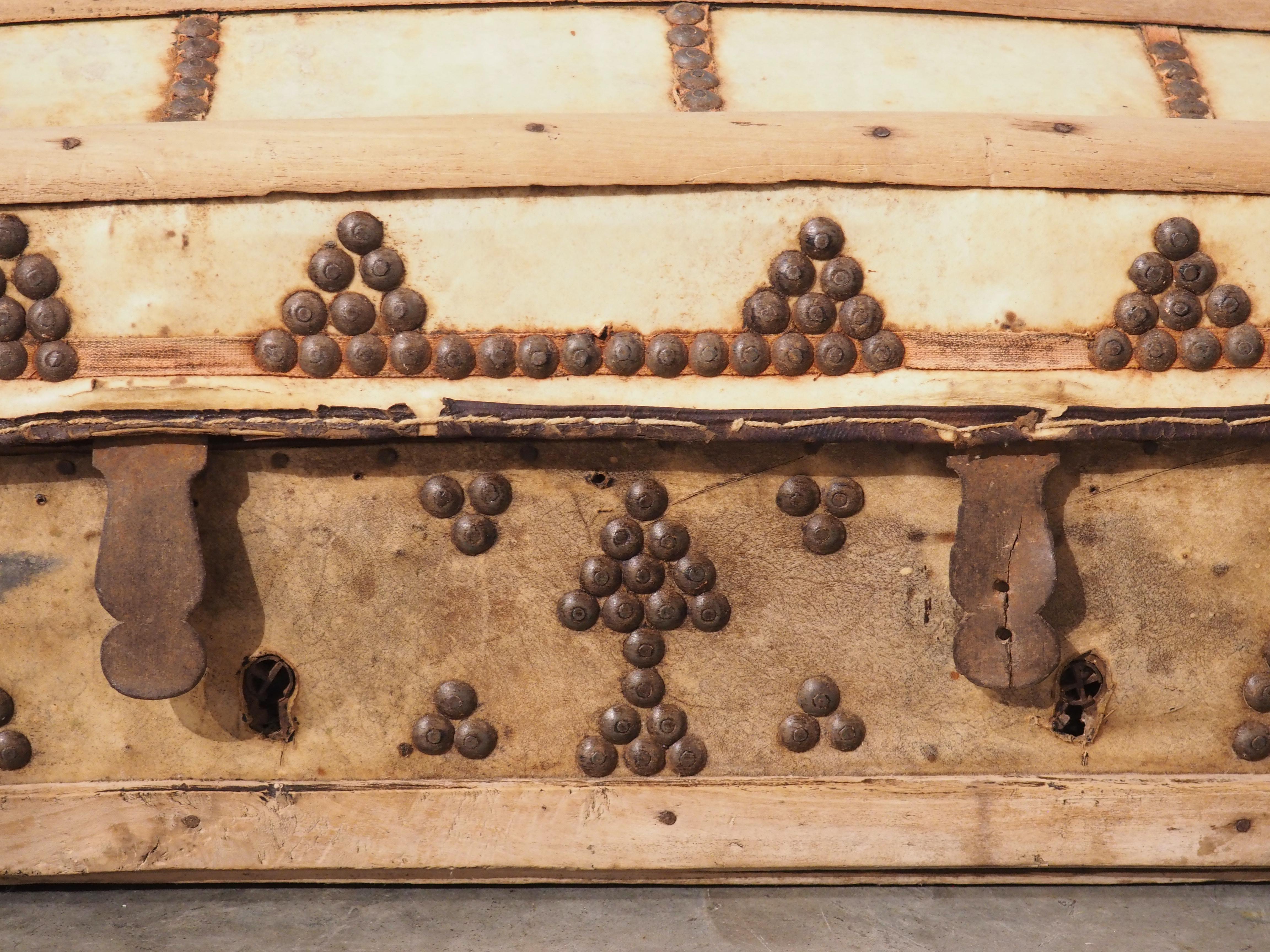 19th Century Studded Natural Leather and Wood Domed Coffre from France In Good Condition In Dallas, TX