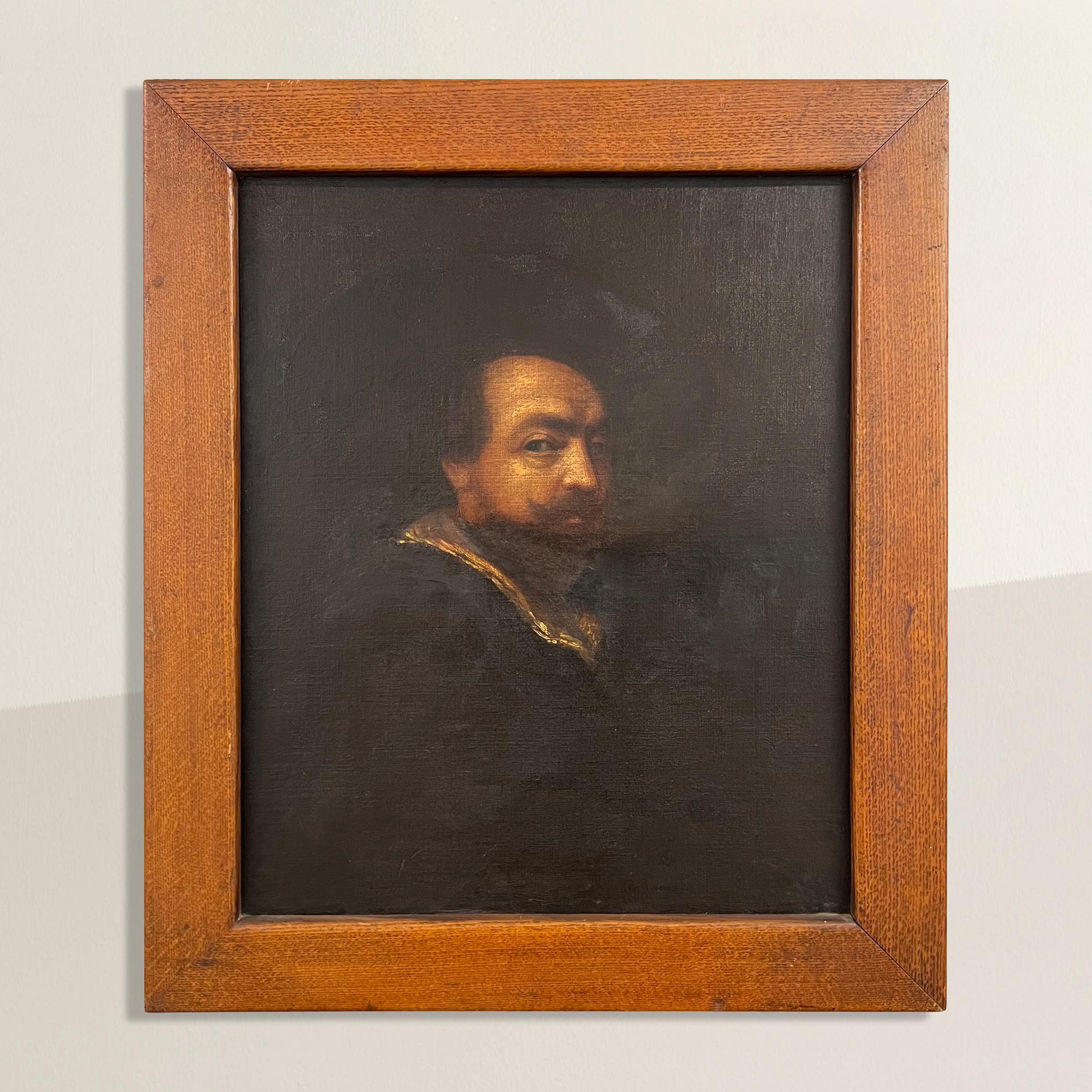 In this compelling 19th-century art student study, we encounter a mesmerizing self-portrait by the eminent Baroque master, Peter Paul Rubens. The painting captures Rubens adorned in a wide-brimmed hat, a symbol of his commanding presence and