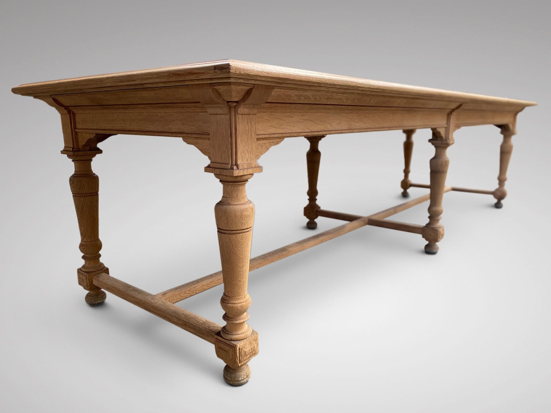 A stunning 19th century French large oak refectory farmhouse dining table, with parquetry inlay, standing on six turned tapering legs united by stretchers. Superb quality with beautiful features to legs, frieze and top. Gorgeous table with a lot of