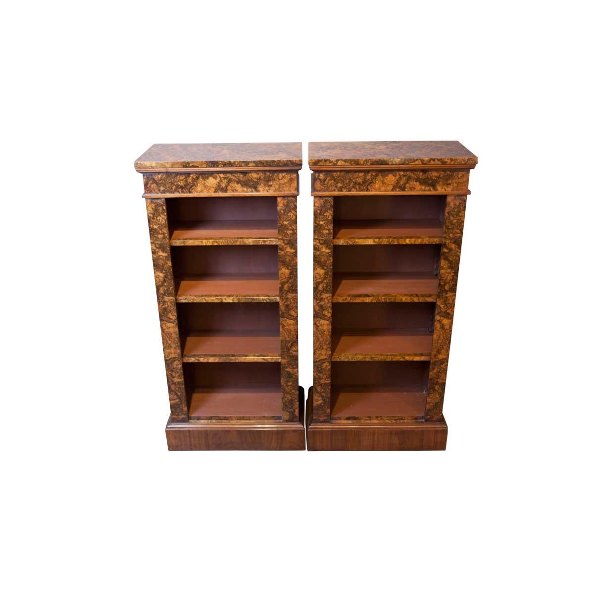 19th century style American walnut and burr walnut open bookcases with fully adjustable shelves.

Models shown: 51cm W x 27cm D x 108cm H.
