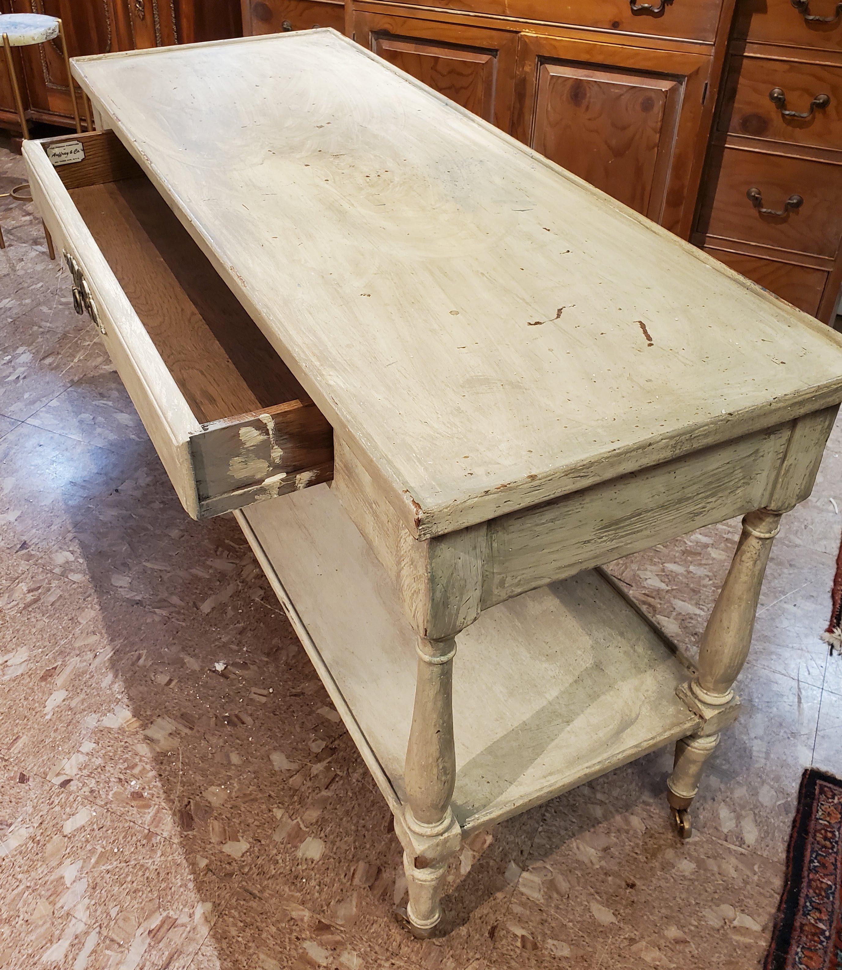 Rustic Painted French Provincial Style Serving Table on Caster Wheels In Good Condition In Middleburg, VA