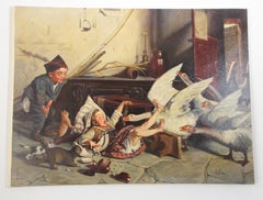 19th Century Style Painting of Children Playing with Geese