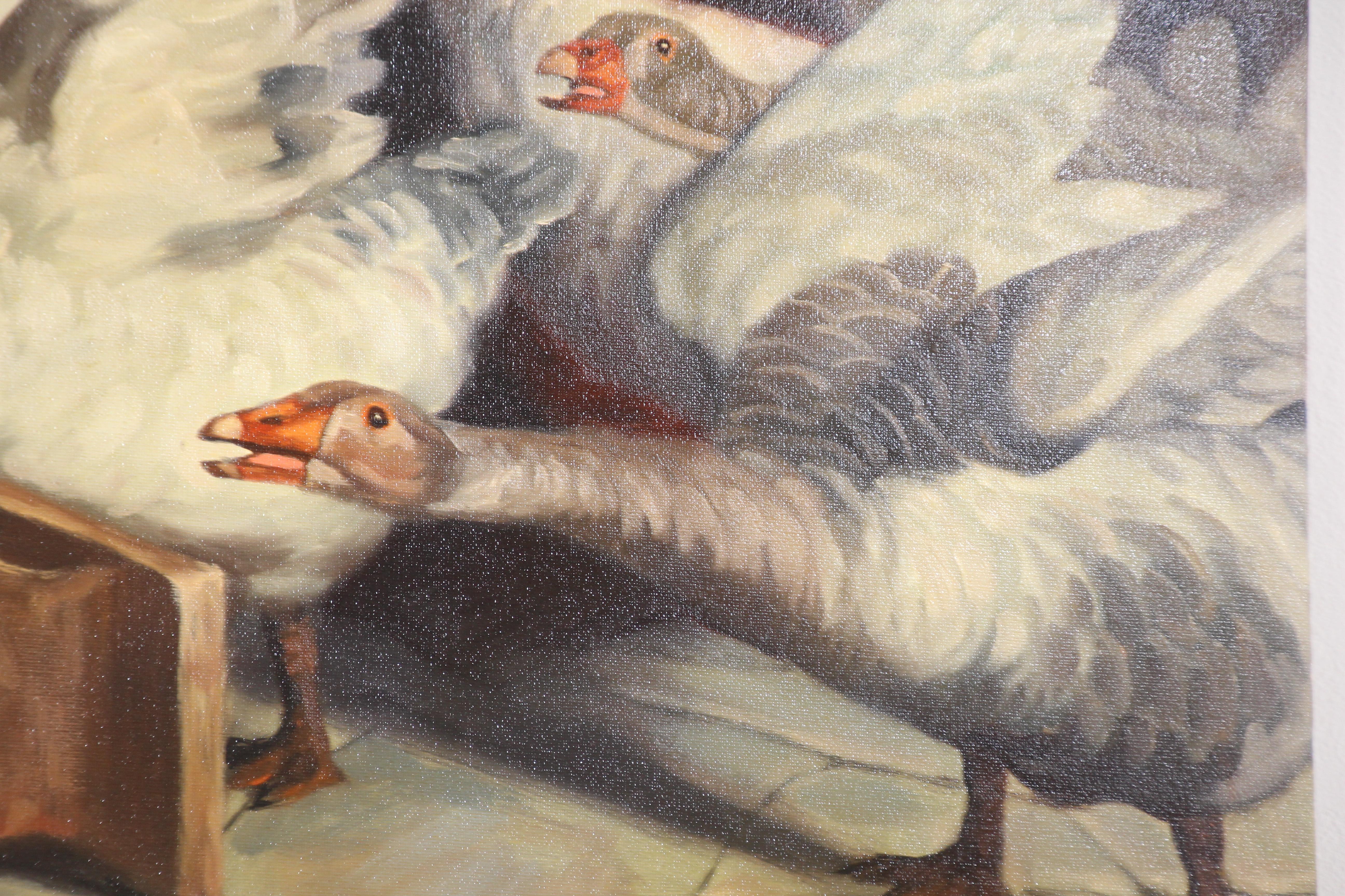19th Century Style Painting of Children Playing with Geese In Good Condition For Sale In North Hollywood, CA
