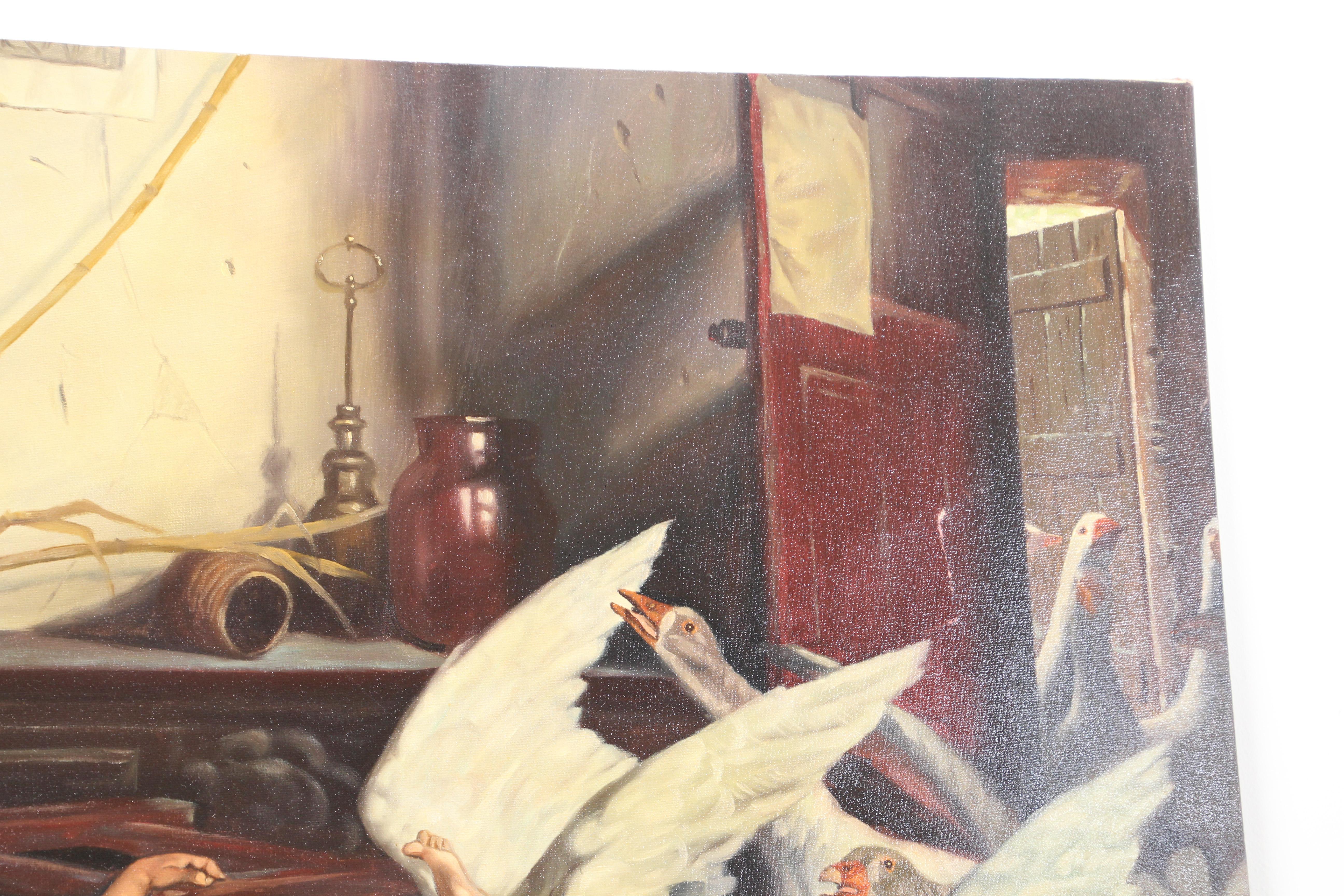 20th Century 19th Century Style Painting of Children Playing with Geese For Sale