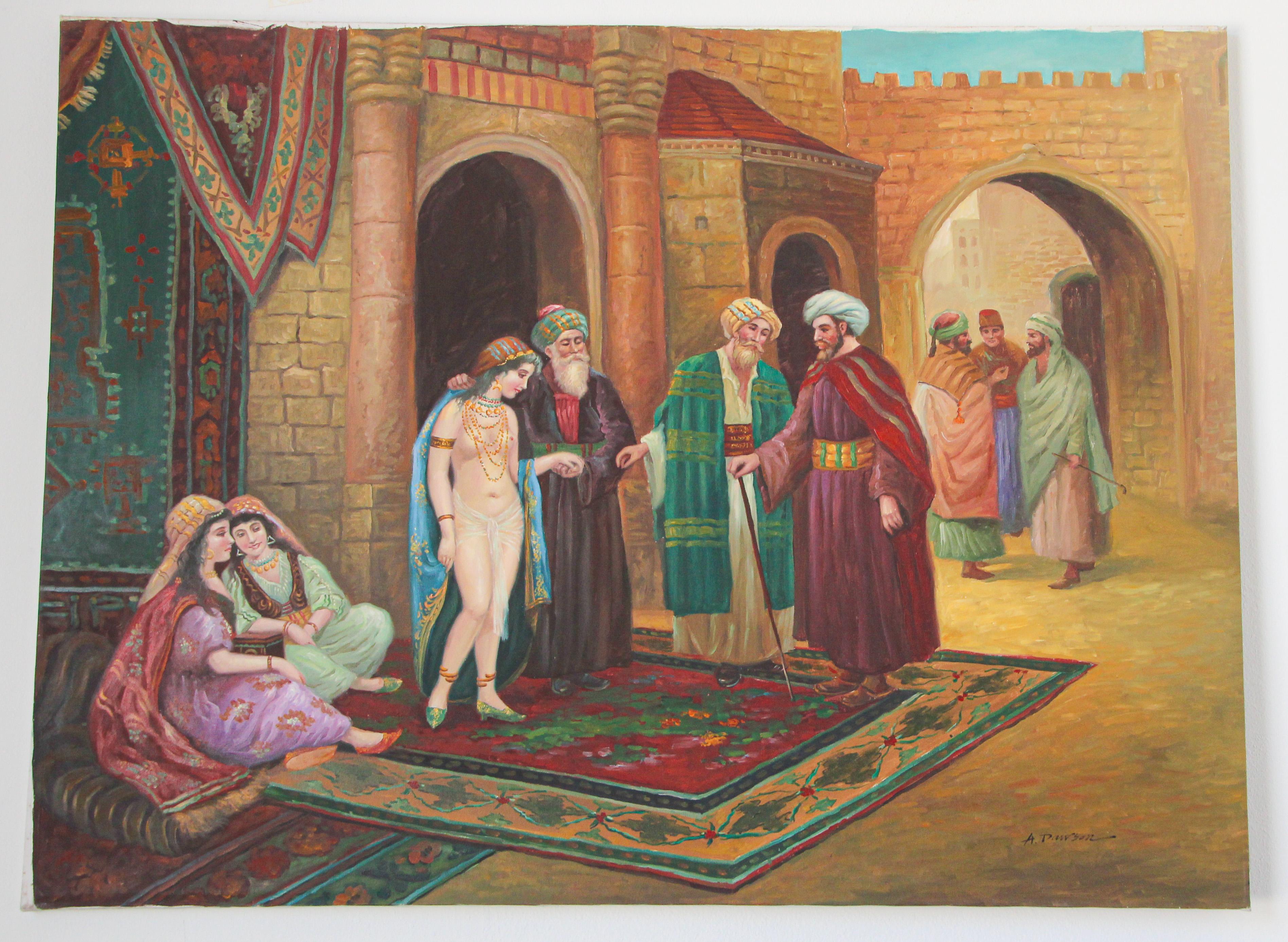 19th century style painting of Moorish orientalist market scene.
19th century style oil on canvas style painting with Moorish men and women wearing period caftans and turbans, women seating on rugs.
Probably Morocco or Maghreb showing medieval