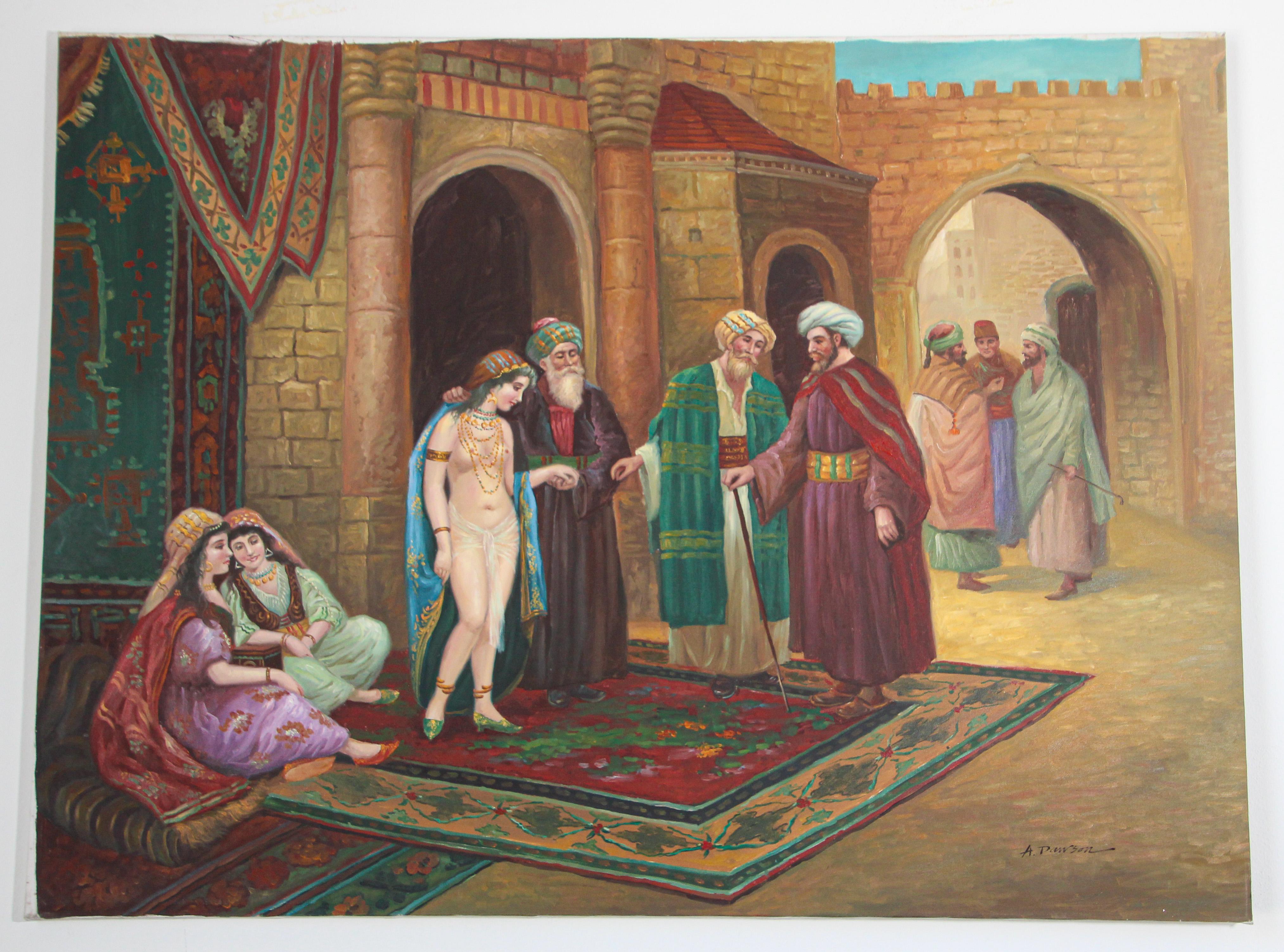 Moroccan 19th Century Style Painting of Moorish Orientalist Market Scene