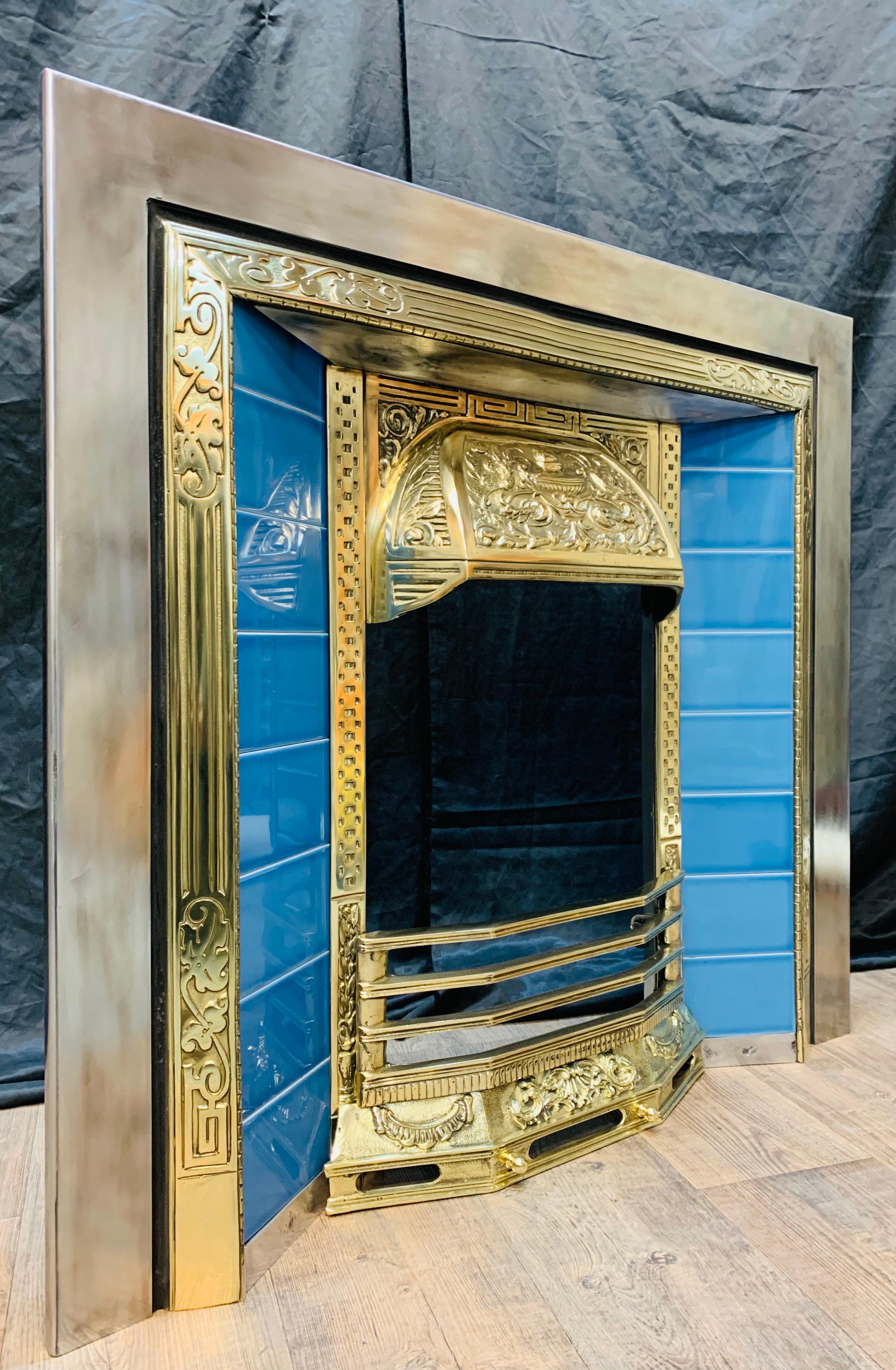 Mid-20th Century 19th Century Style Solid Brass and Tiled Fireplace Insert For Sale