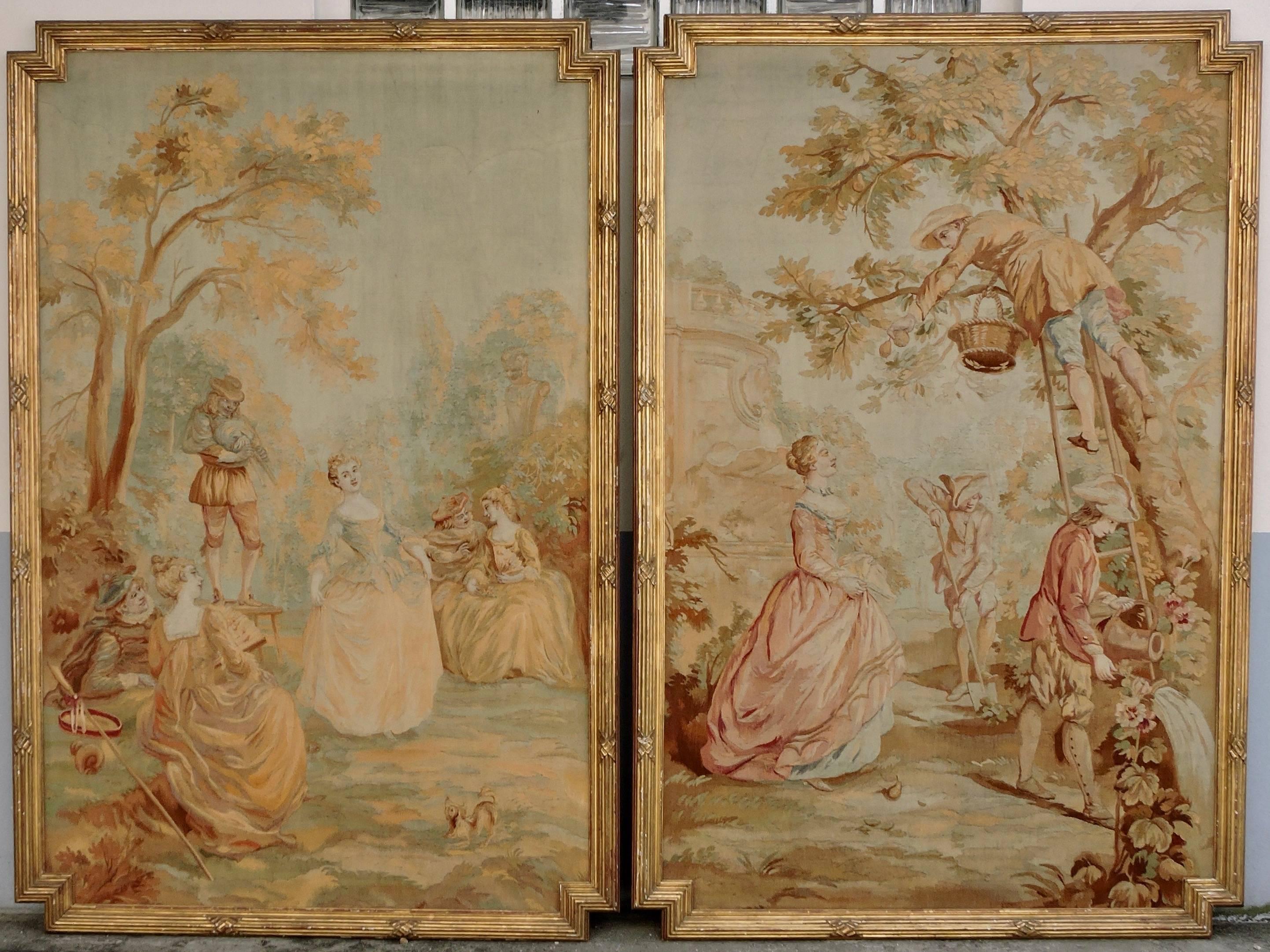 A 19th century suite of four fine wool and silk tapestries in the 18th century taste, circa 1880
Two pastoral scenes after Nicolas Lancret: 
