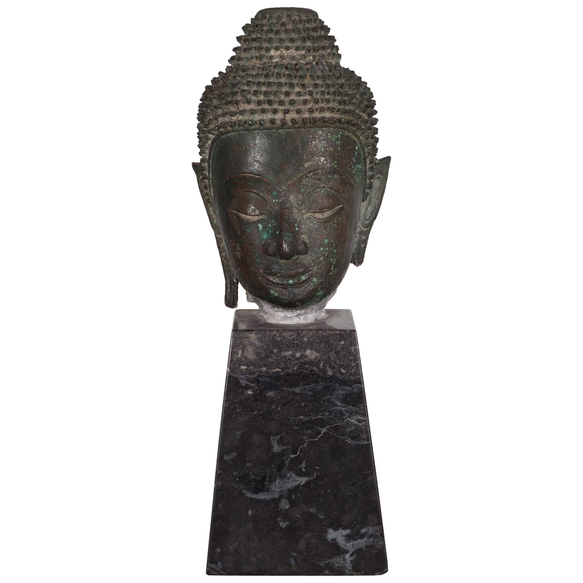 19th Century Sukhothai Bronze Head of Buddha Shakyamuni on Marble Base