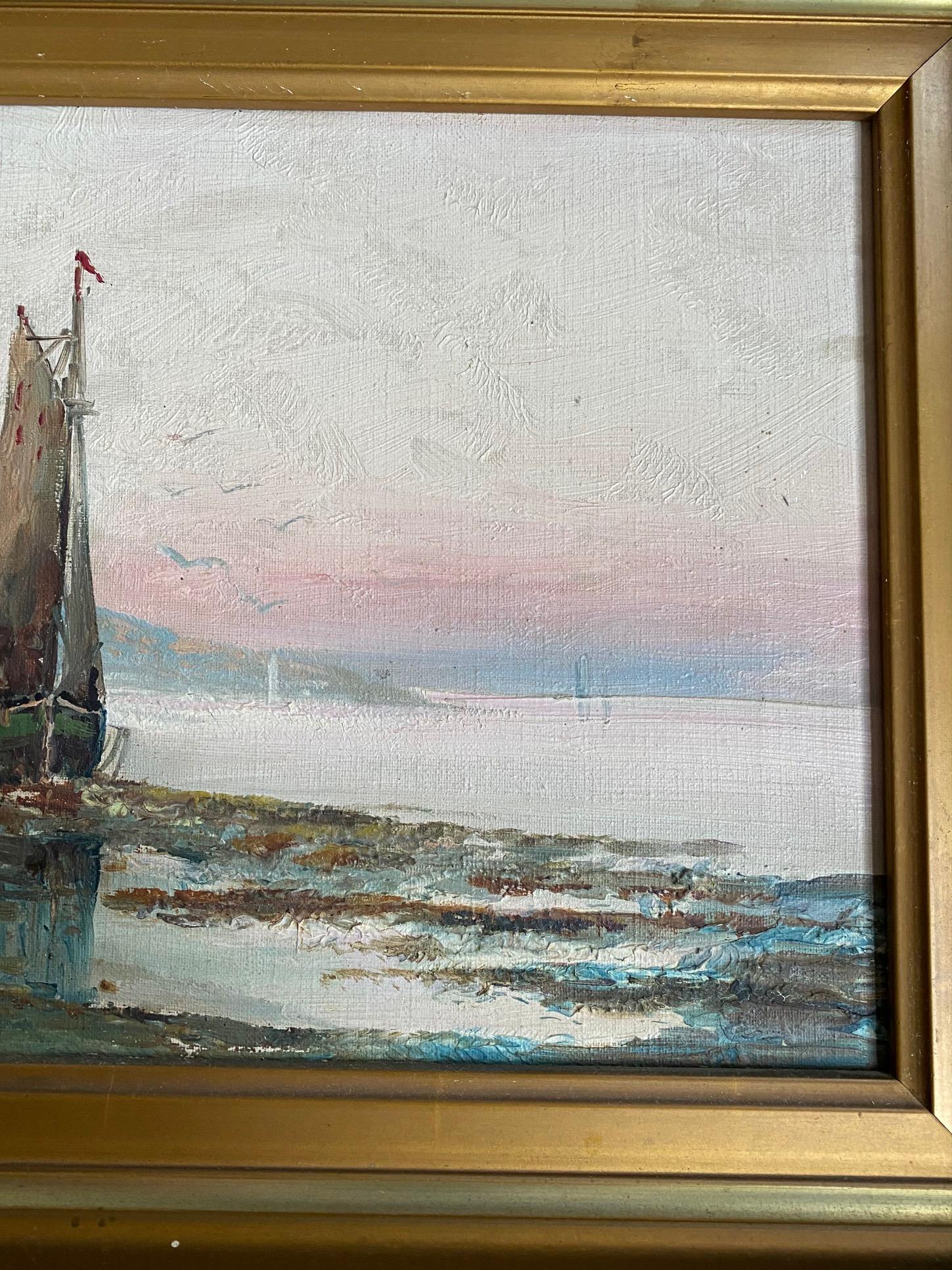 Hand-Painted 19th Century Sunset Coastal Seascape For Sale