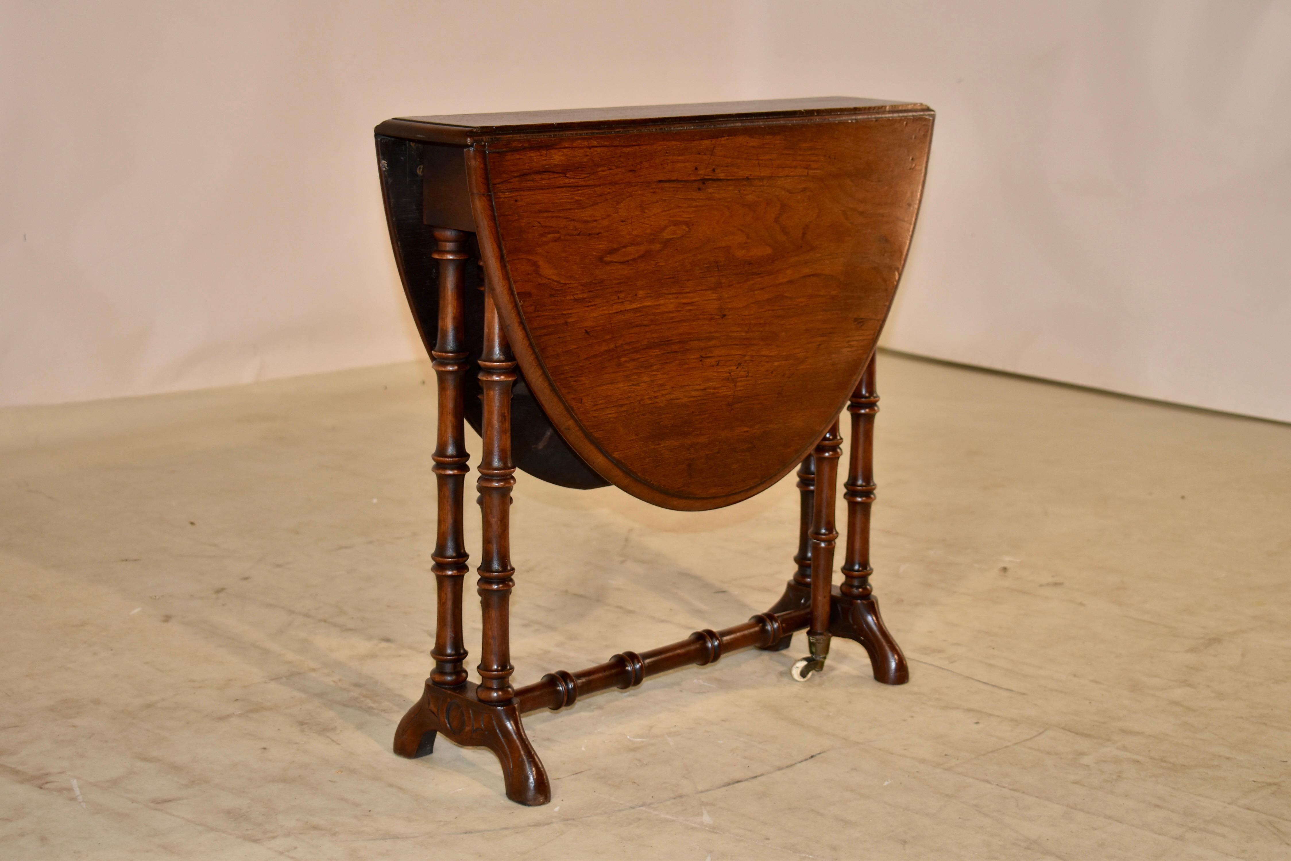 19th century mahogany Sutherland table from England with a beveled edge around the top, following down to a simple apron and wonderfully hand tureen legs. Sutherland tables are excellent additions for small spaces, as they are narrow when closed and