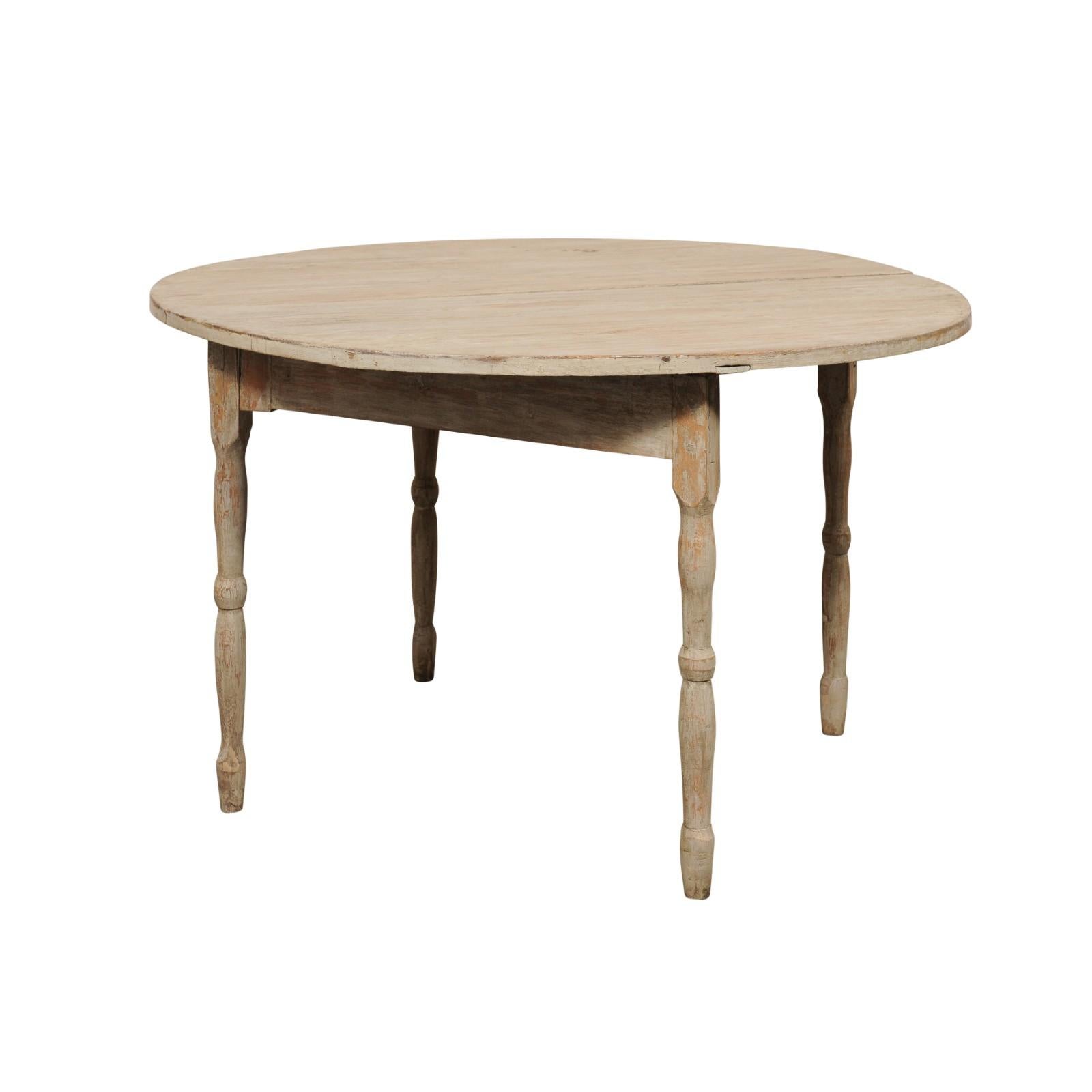 19th Century Swedish 4 ft Diameter Top Round-to-Demi Drop-Leaf Table For Sale