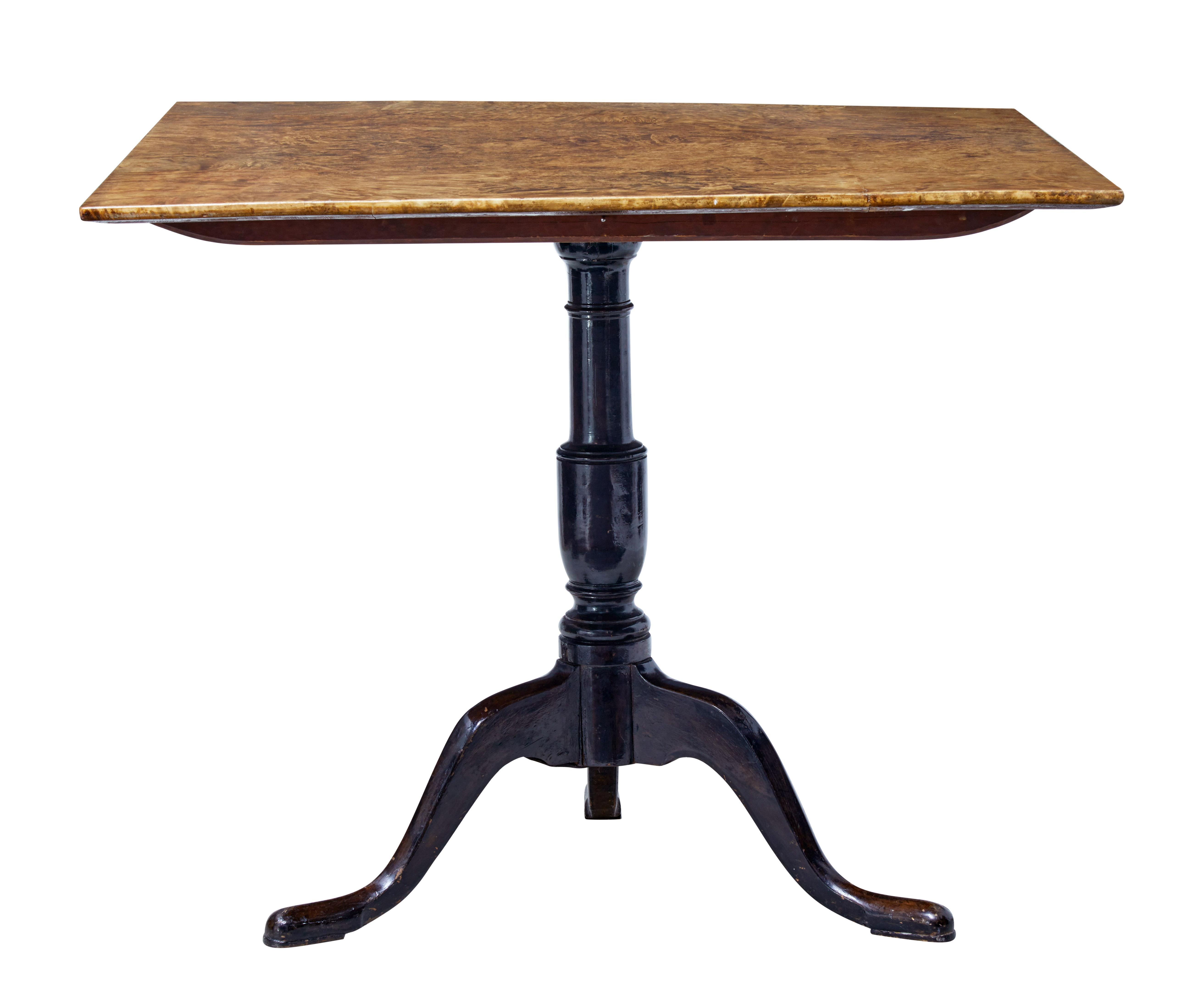 Near square Swedish table in desirable alder root, circa 1860.

Lovely color and grain which makes this stand out from its birch counterparts.

Standing on a turned ebonized base. Terminating on pad foot.

Minor polish losses to base.