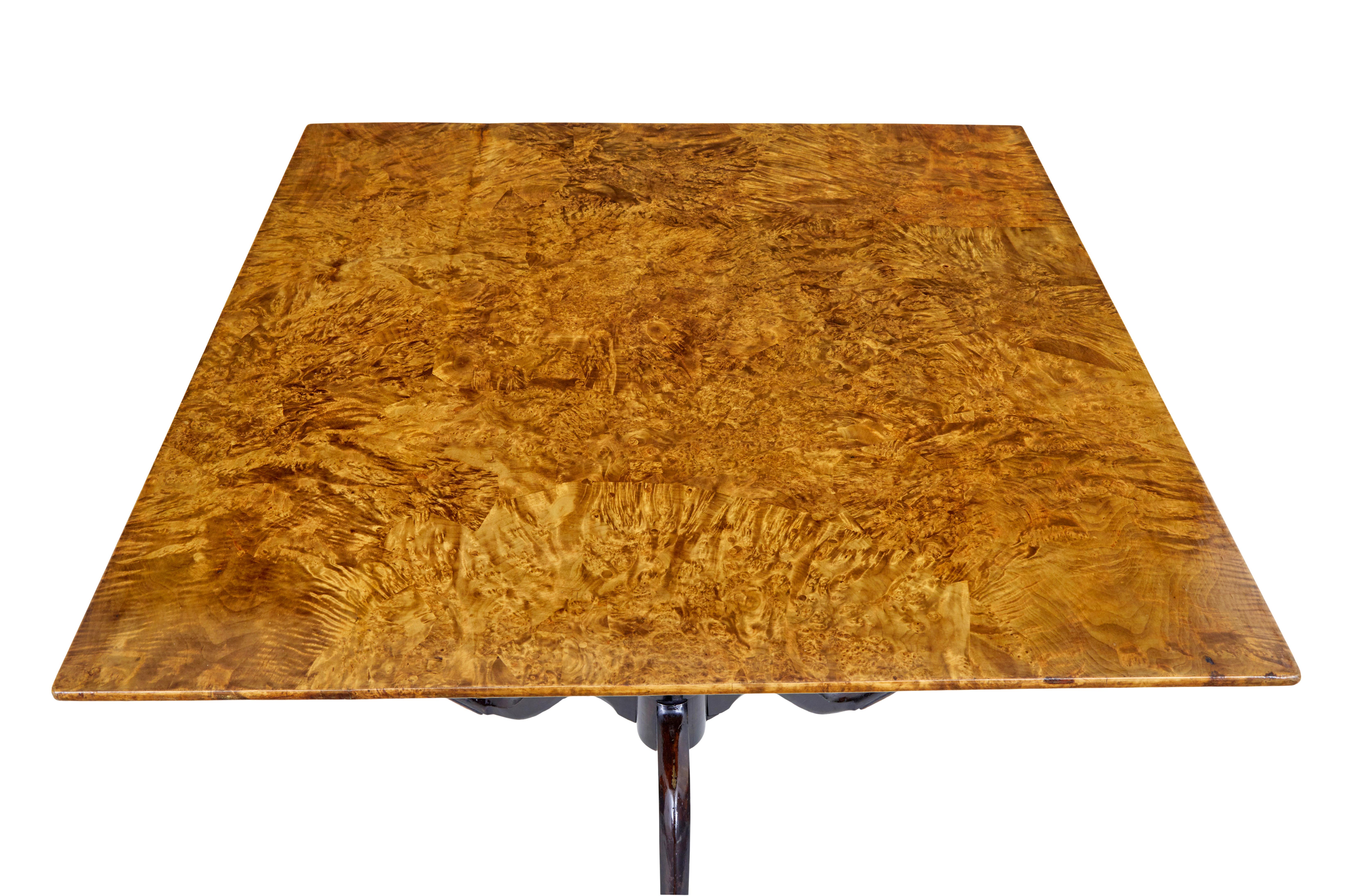 19th century Swedish alder root square tilt top table circa 1860.

Good quality piece of mid 19th century Swedish furniture, using alder root veneers to make a near square top surface.

Tilting top stands on a stained turned birch tripod base.  3