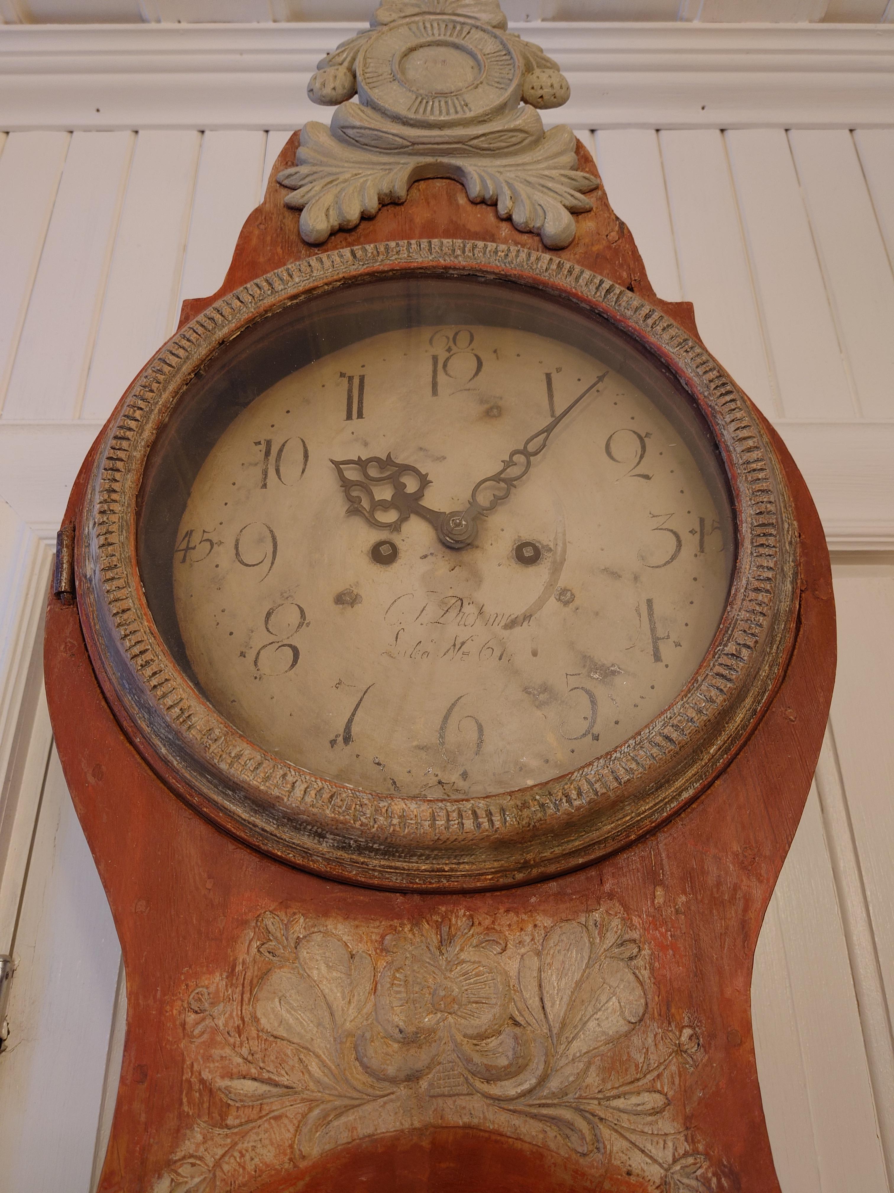 19th Century Swedish Ántique Grandfather Clock Tall Case Clock Original Paint For Sale 3