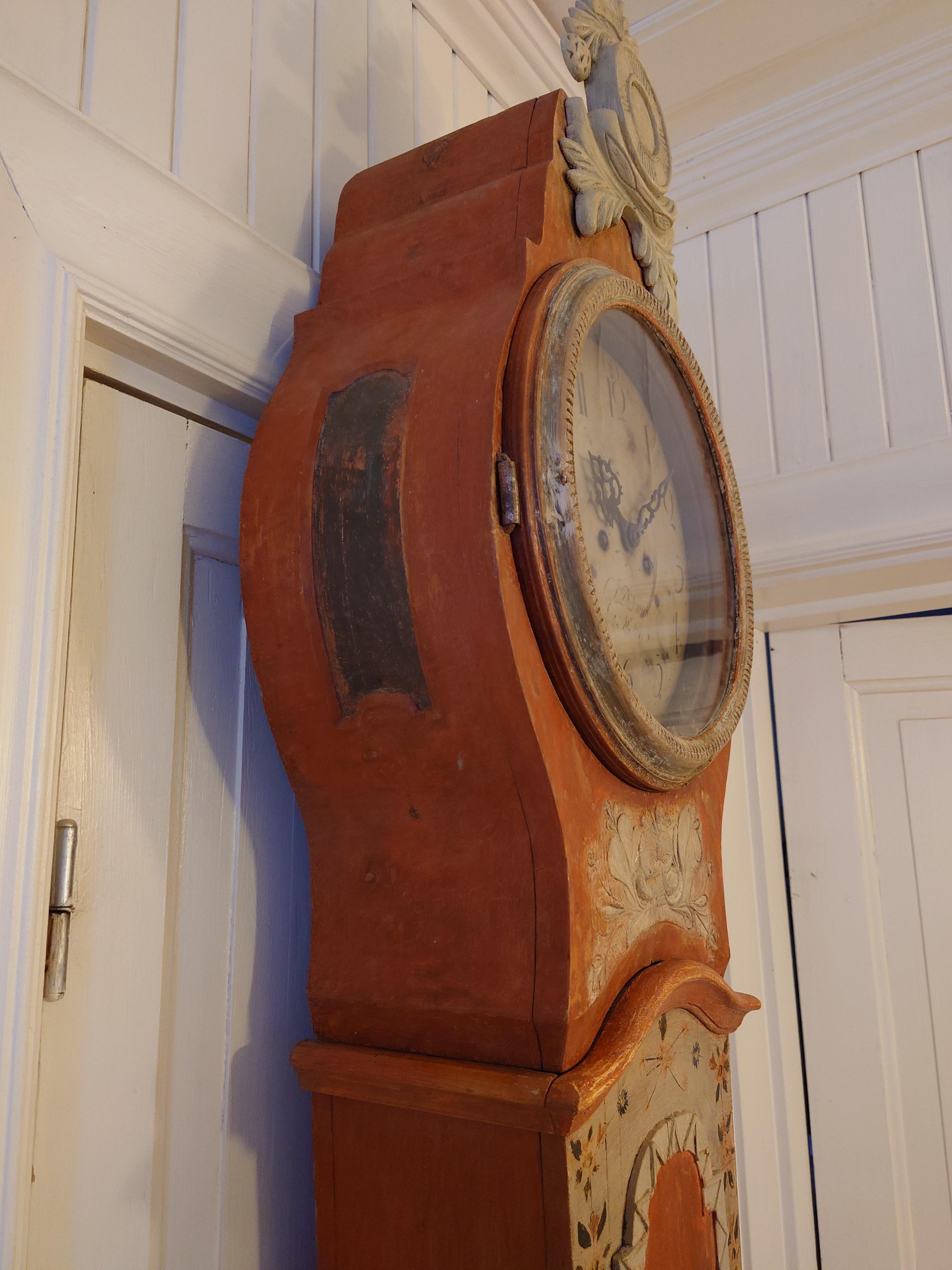 19th Century Swedish Ántique Grandfather Clock Tall Case Clock Original Paint For Sale 6