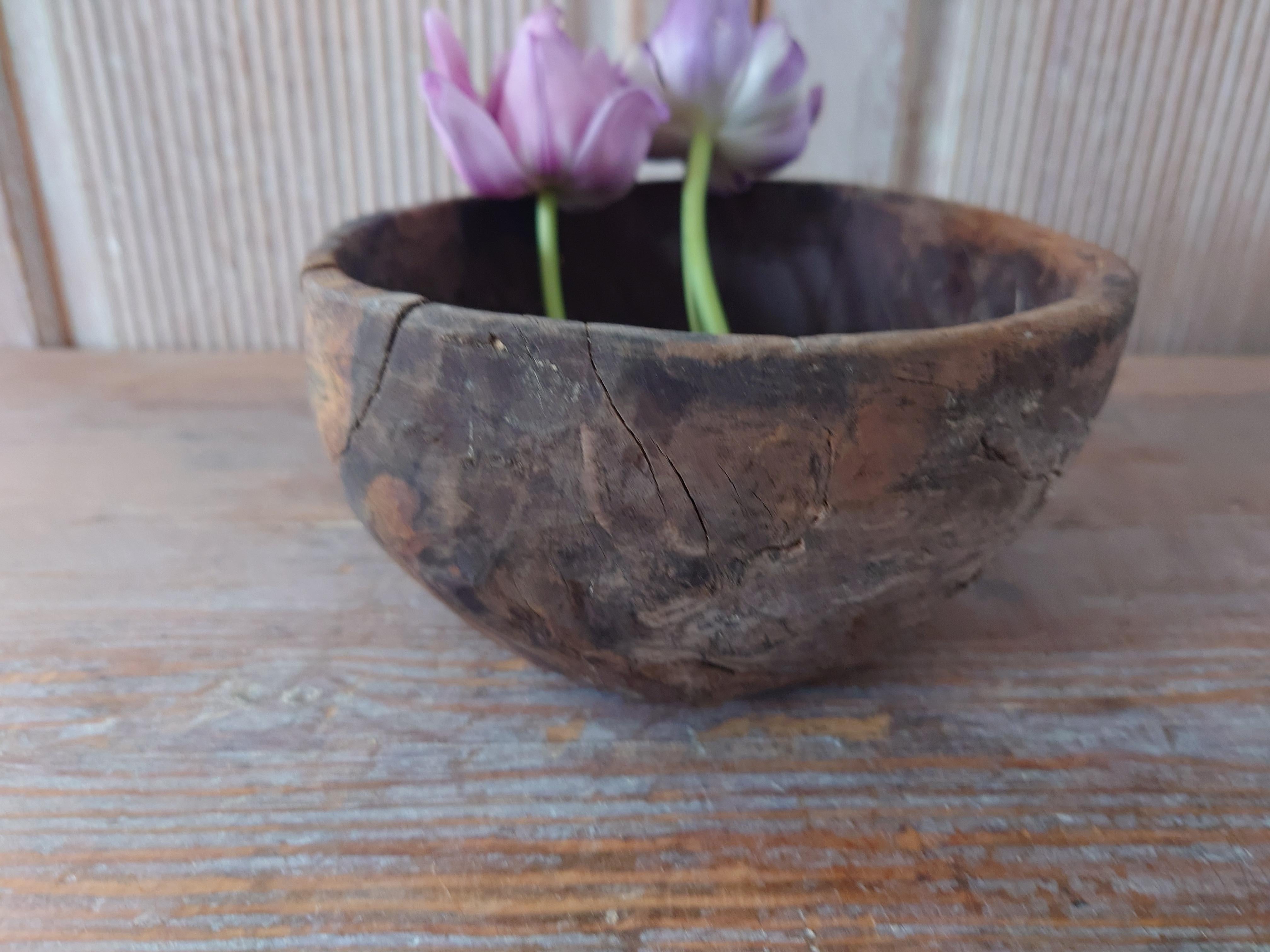 Hand-Carved 19th Century Swedish Antique Rare Unique Rustic Folk Art Wooden Bowl Dated 1864 For Sale