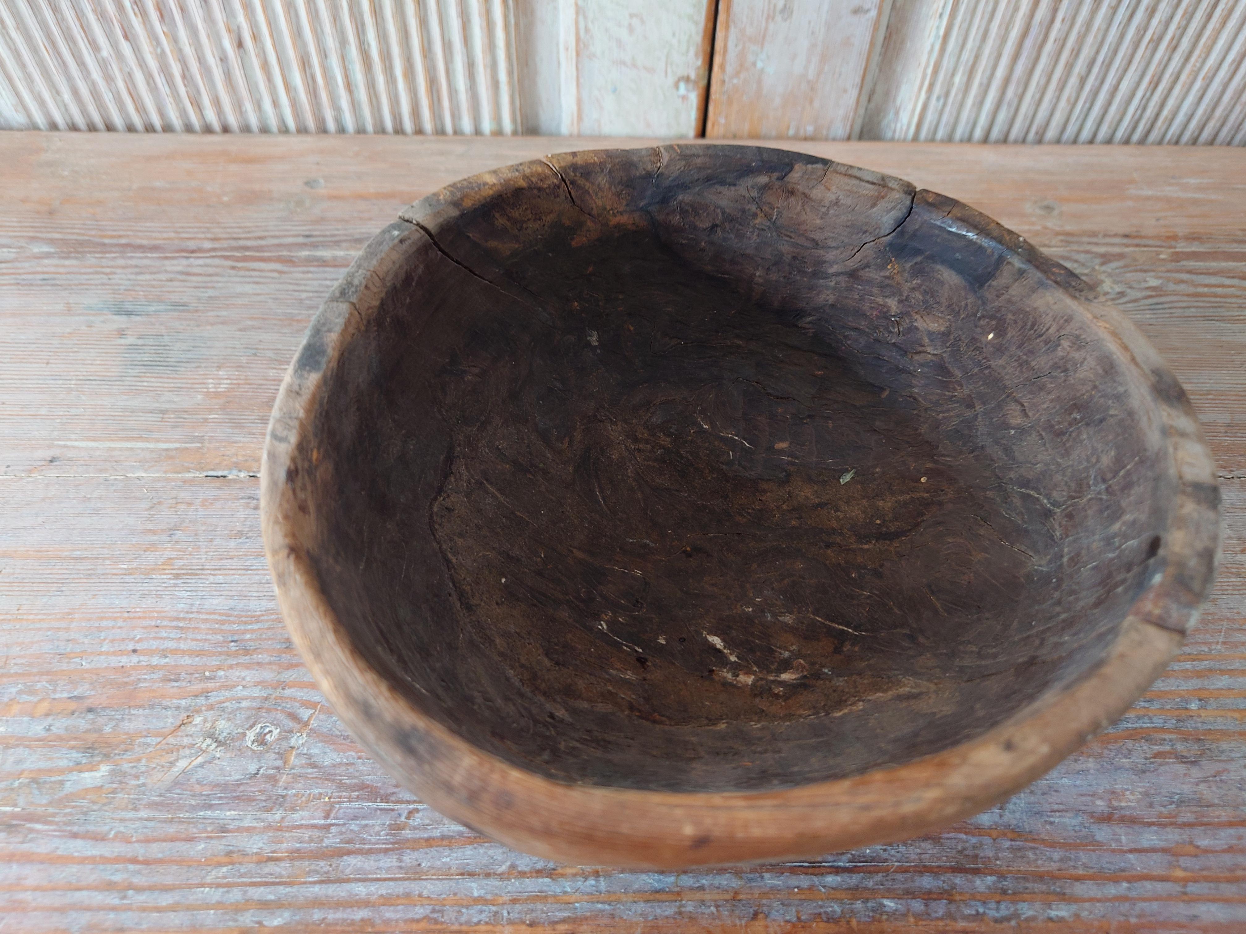 Pine 19th Century Swedish Antique Rare Unique Rustic Folk Art Wooden Bowl Dated 1864 For Sale