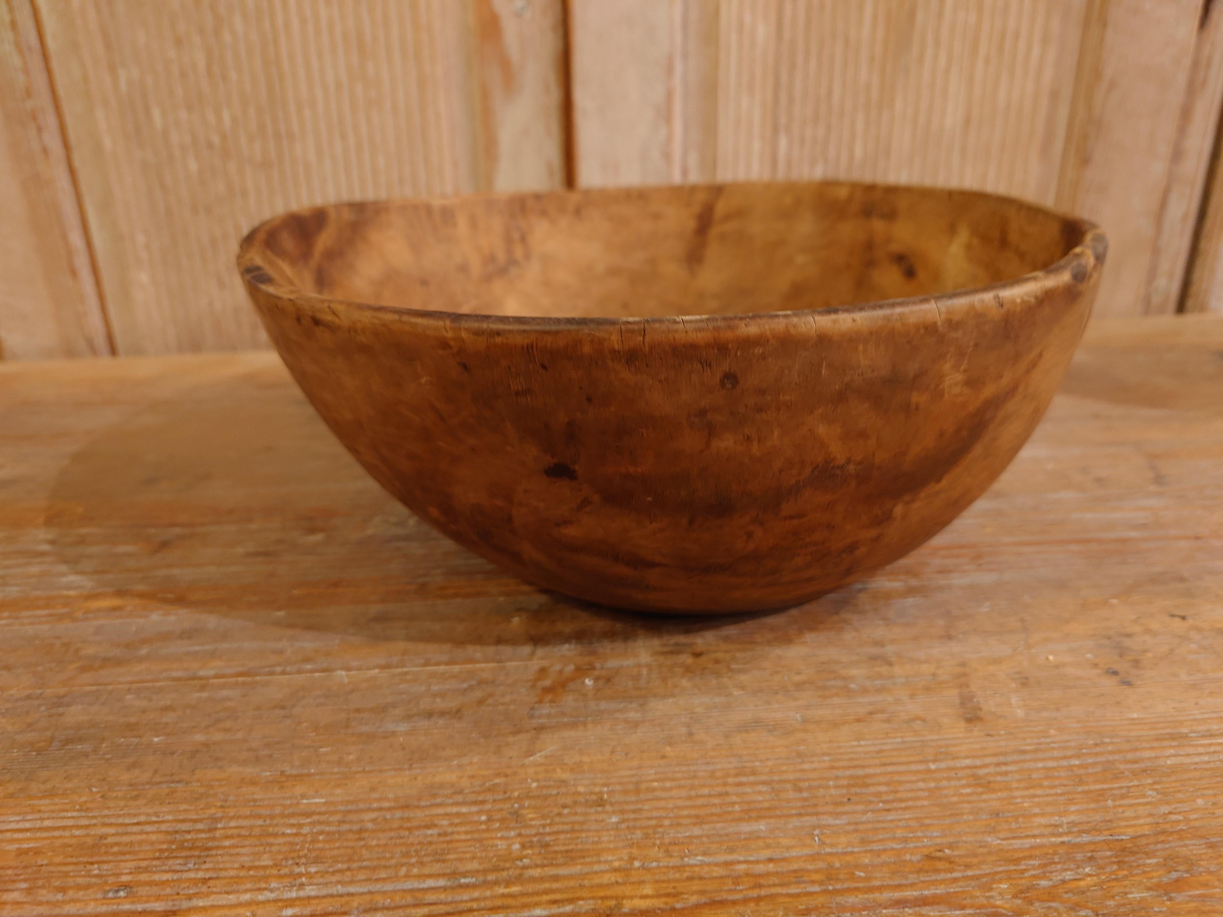Hand-Carved 19th Century, Swedish, Antique Rustic Folk Art Wooden Bowl with Nice Patina For Sale