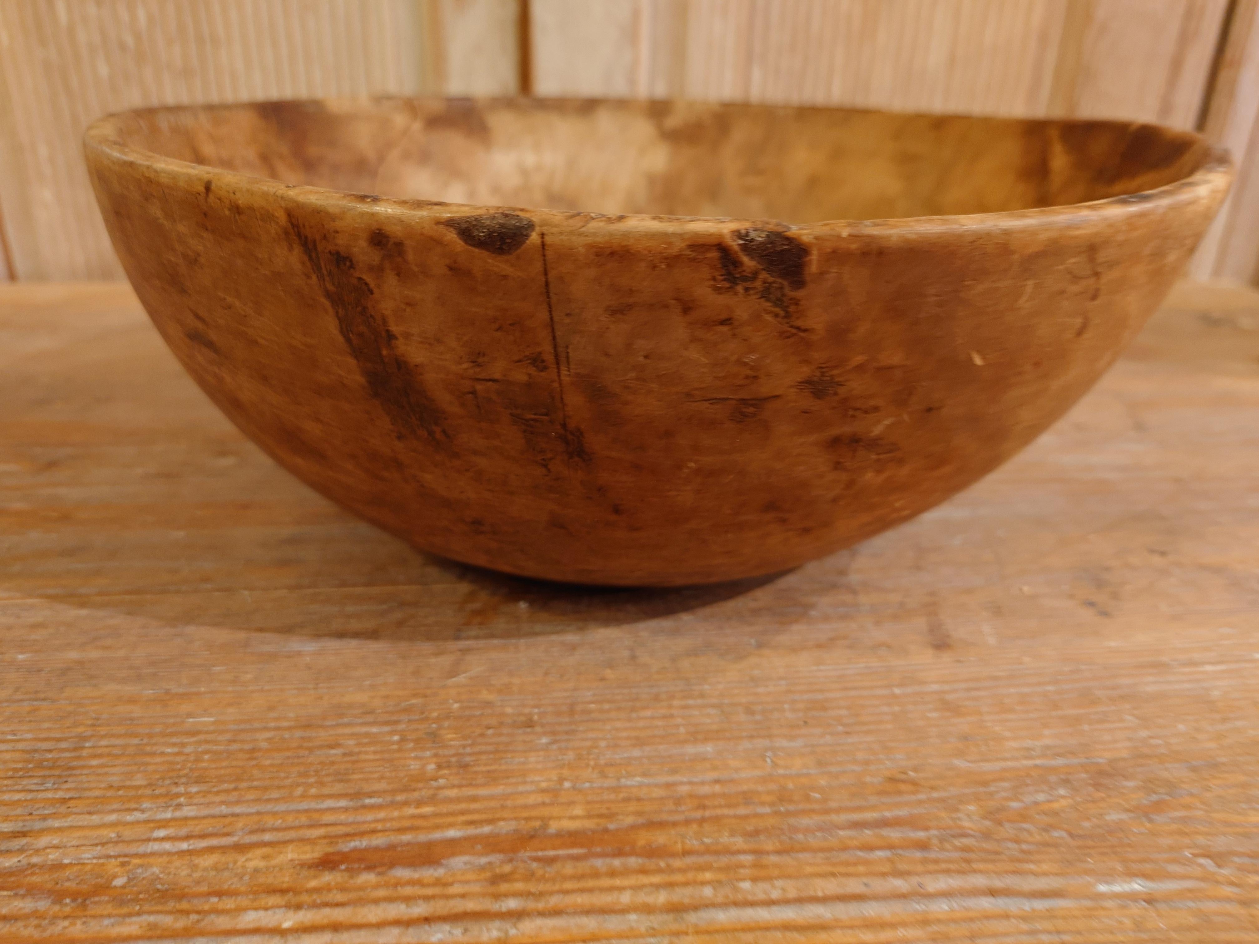 Pine 19th Century, Swedish, Antique Rustic Folk Art Wooden Bowl with Nice Patina For Sale