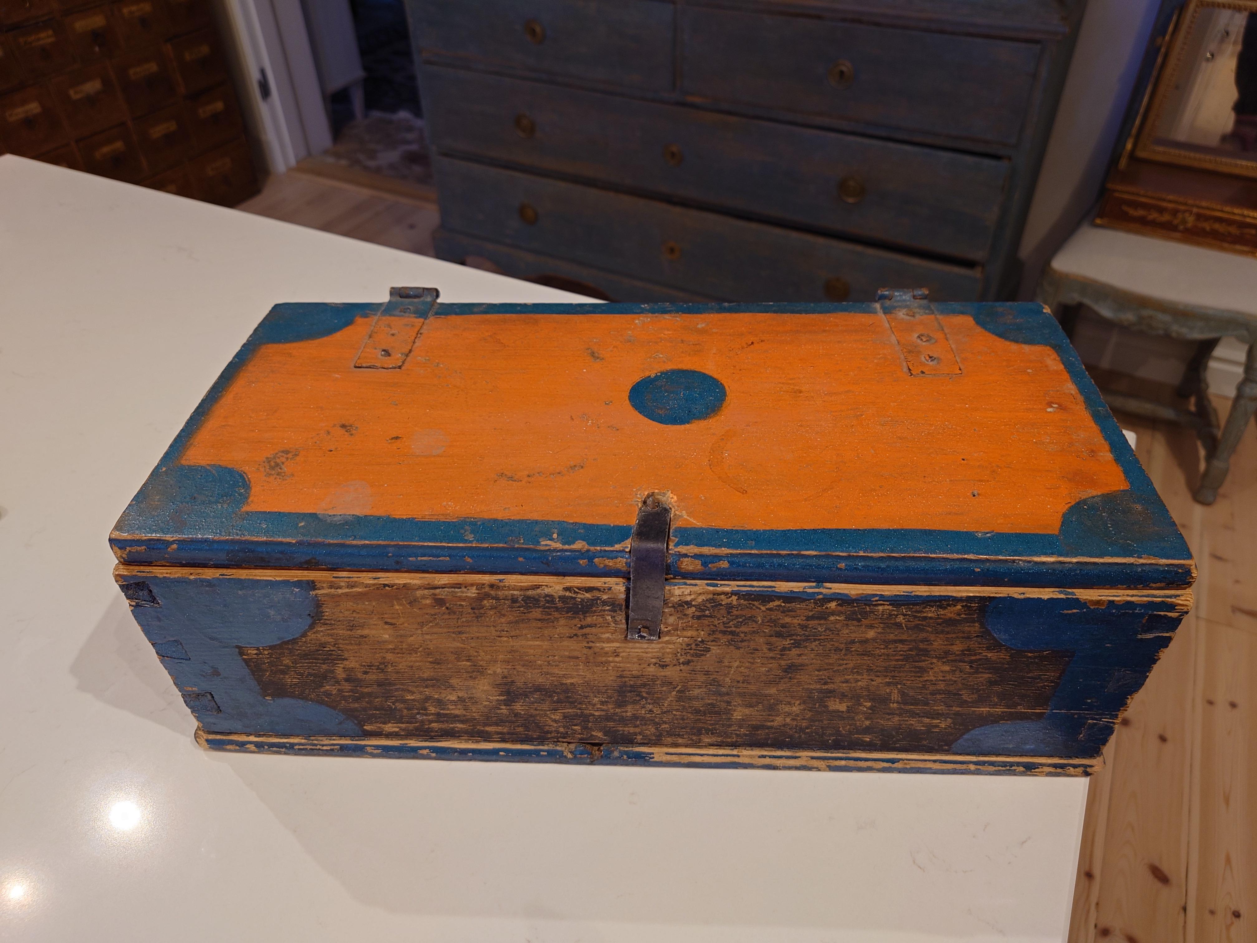 19th century Swedish folk art wooden box from Boden, Norbotten Northern Sweden. 
Beautiful colorful color.
The wooden box has untouched original color. 
The box is stable in construction. 
Nice storage inside.
So nice interior detail.
Made in