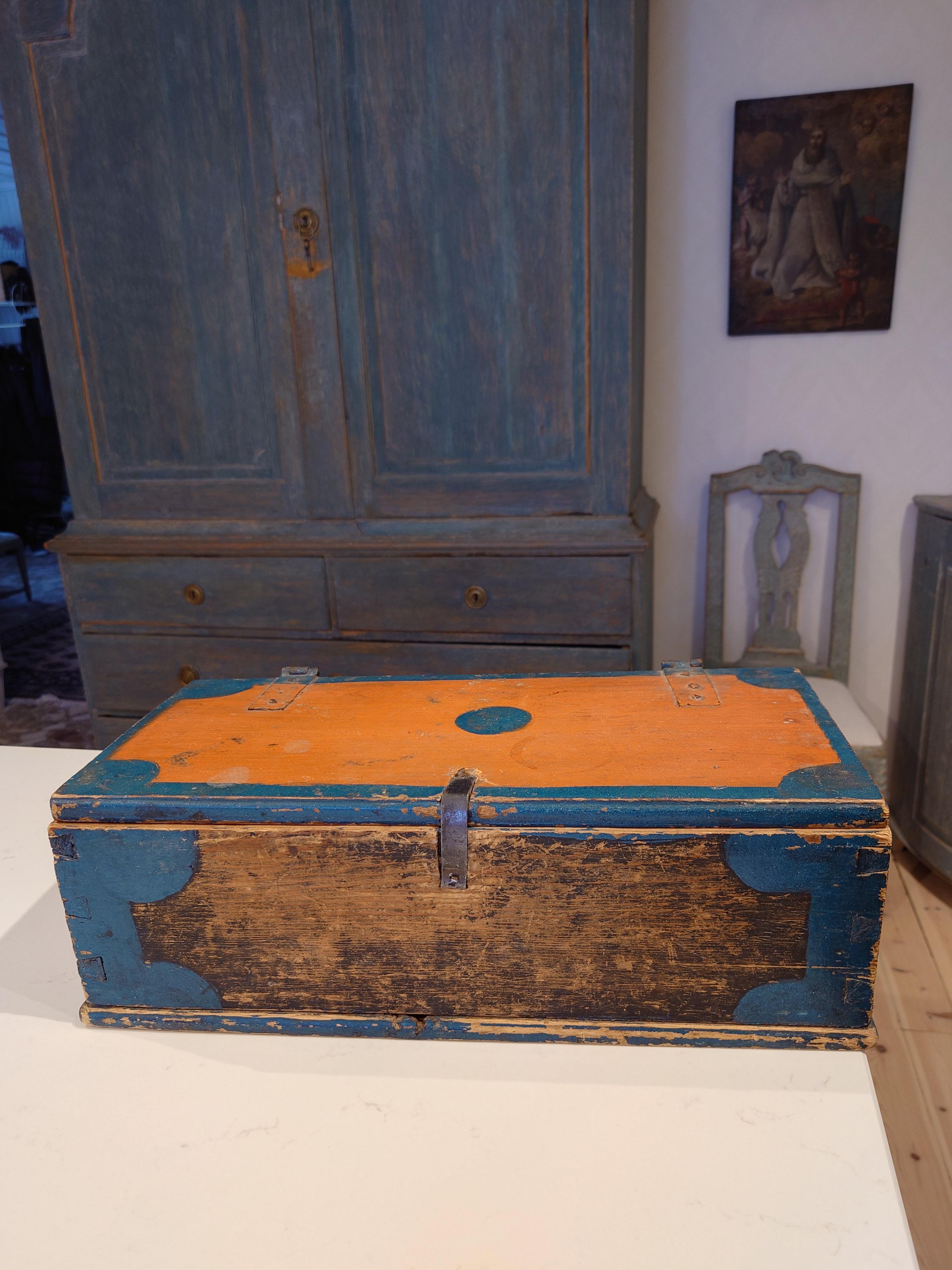 Folk Art 19th Century Swedish Antique Rustic Folkart Chest / Box with Original Paint For Sale
