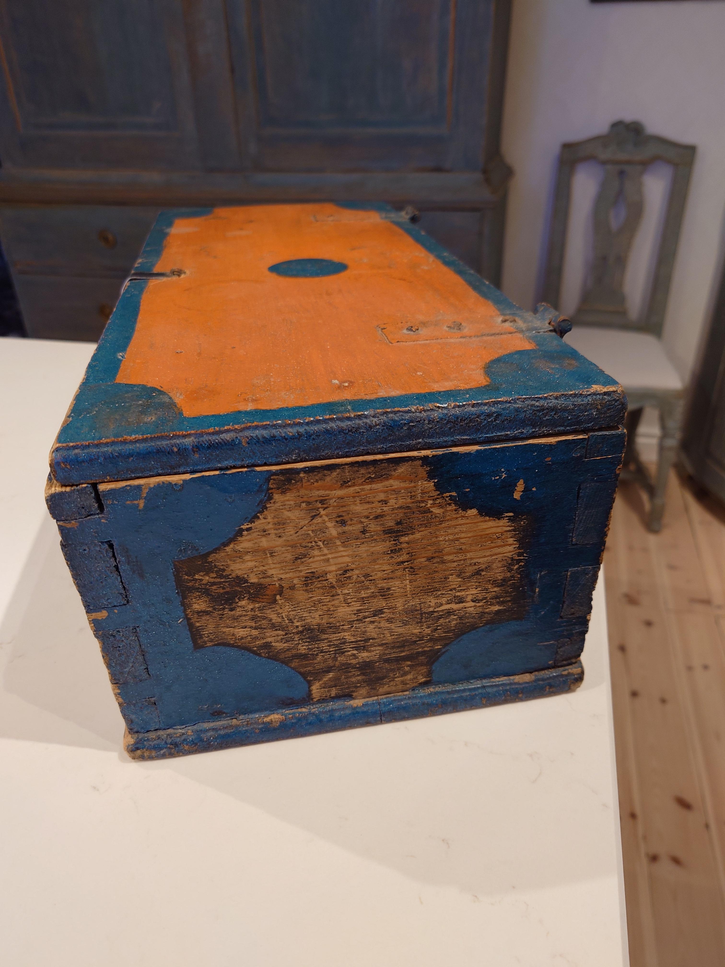 Hand-Carved 19th Century Swedish Antique Rustic Folkart Chest / Box with Original Paint For Sale