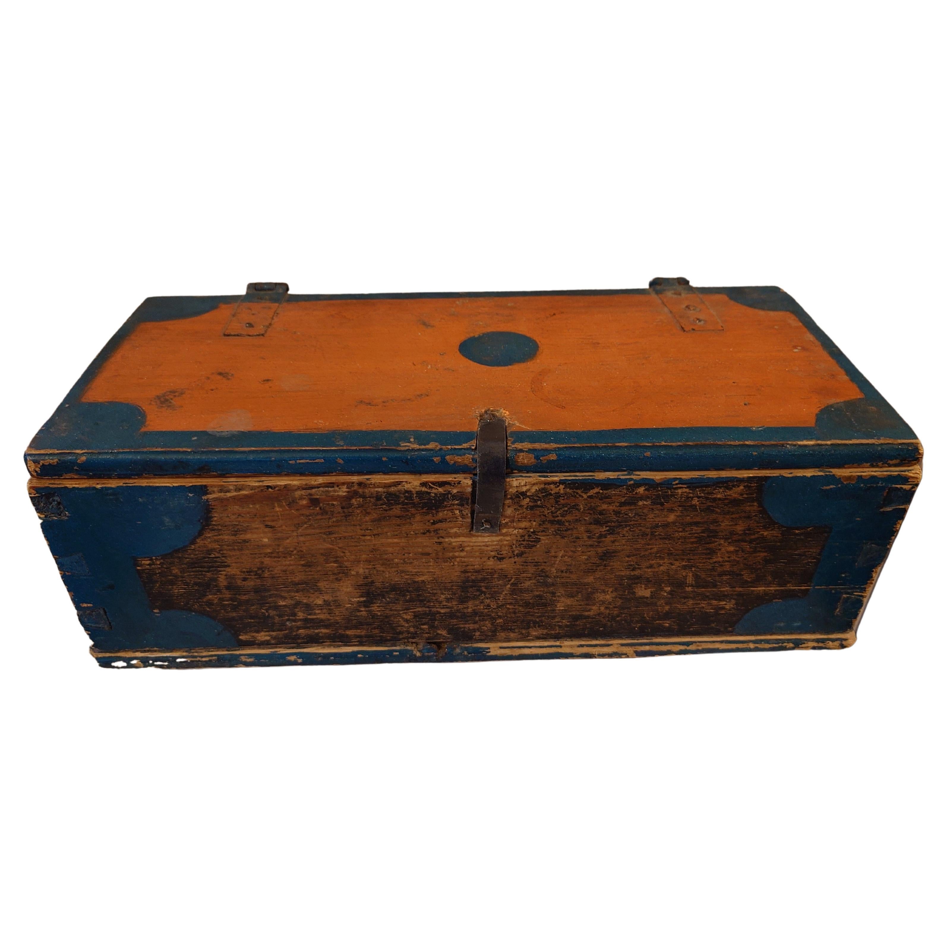 19th Century Swedish Antique Rustic Folkart Chest / Box with Original Paint For Sale