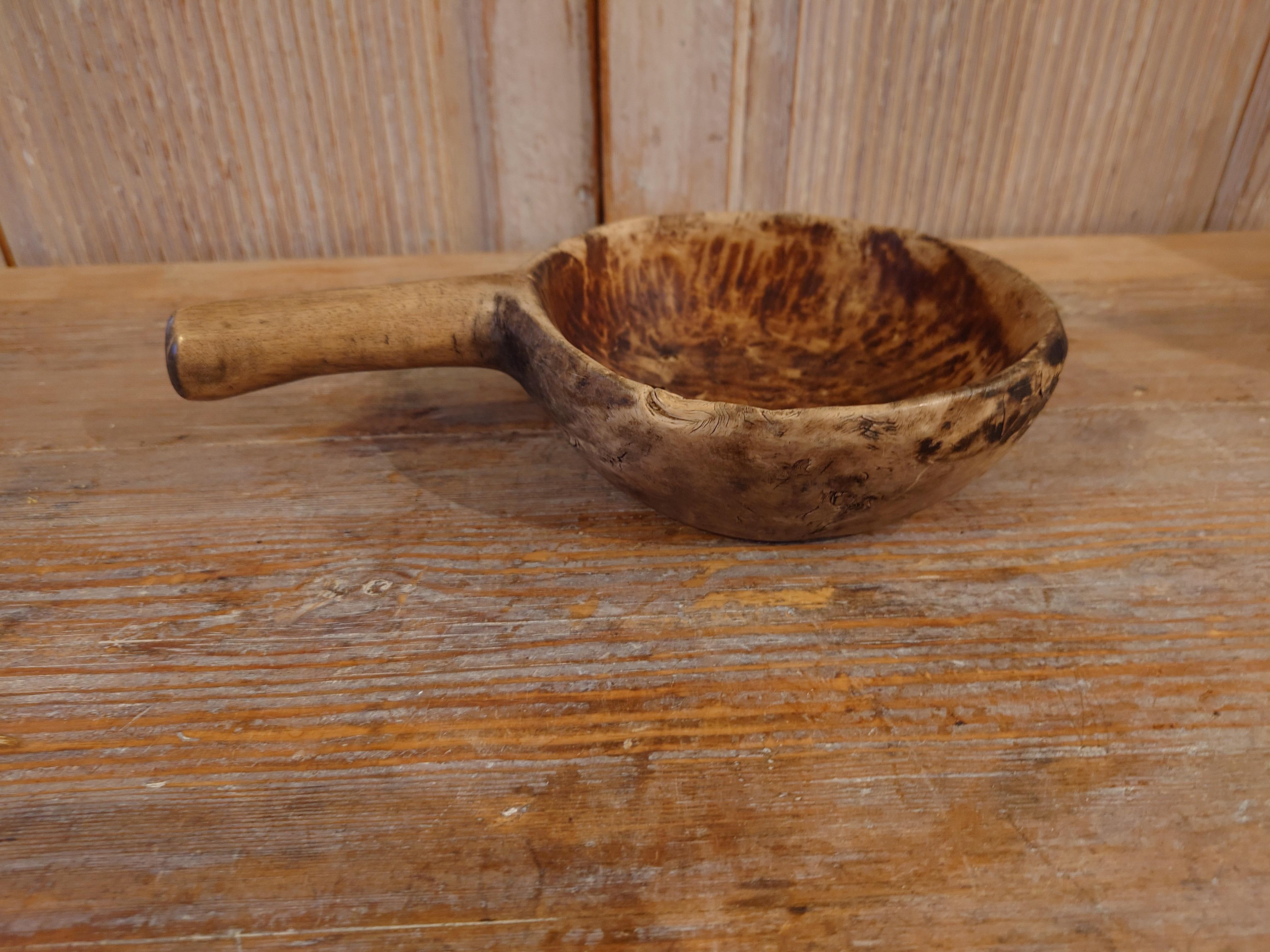Folk Art 19th Century, Swedish Antique Rustic Wooden Bowl with Handle Dated 1831 For Sale