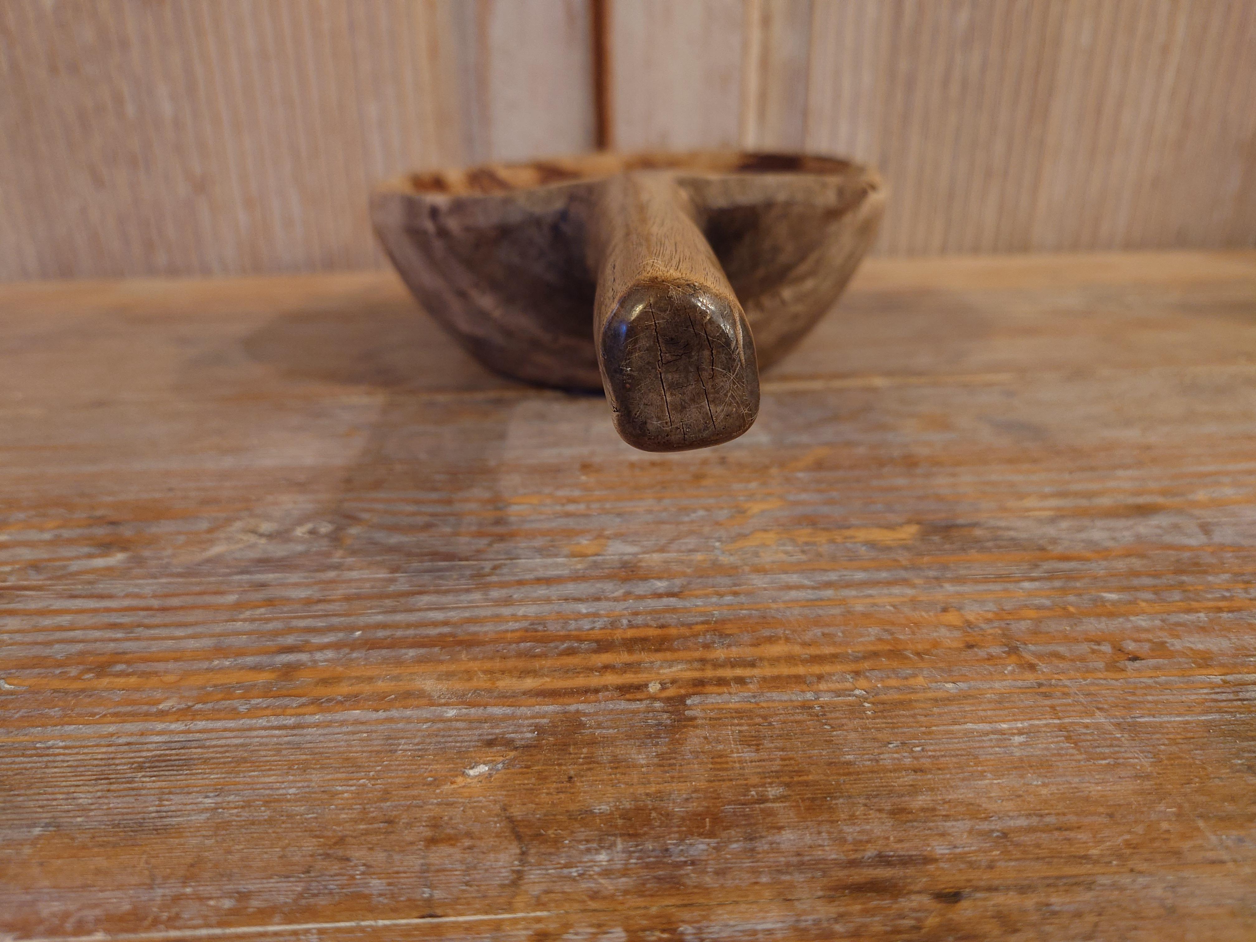 Hand-Carved 19th Century, Swedish Antique Rustic Wooden Bowl with Handle Dated 1831 For Sale