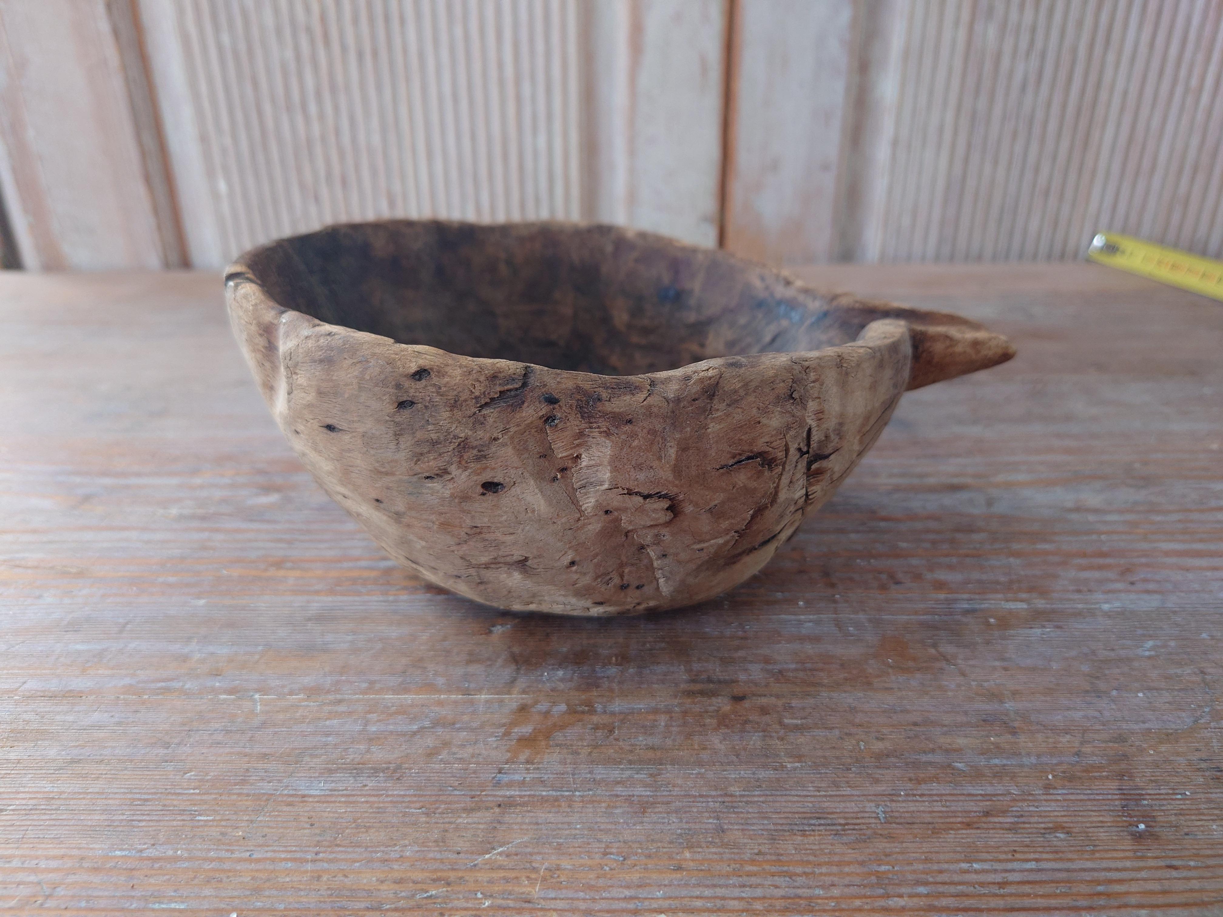 Folk Art 19th Century, Swedish Antique Rustic Wooden Bowl with Handle  For Sale