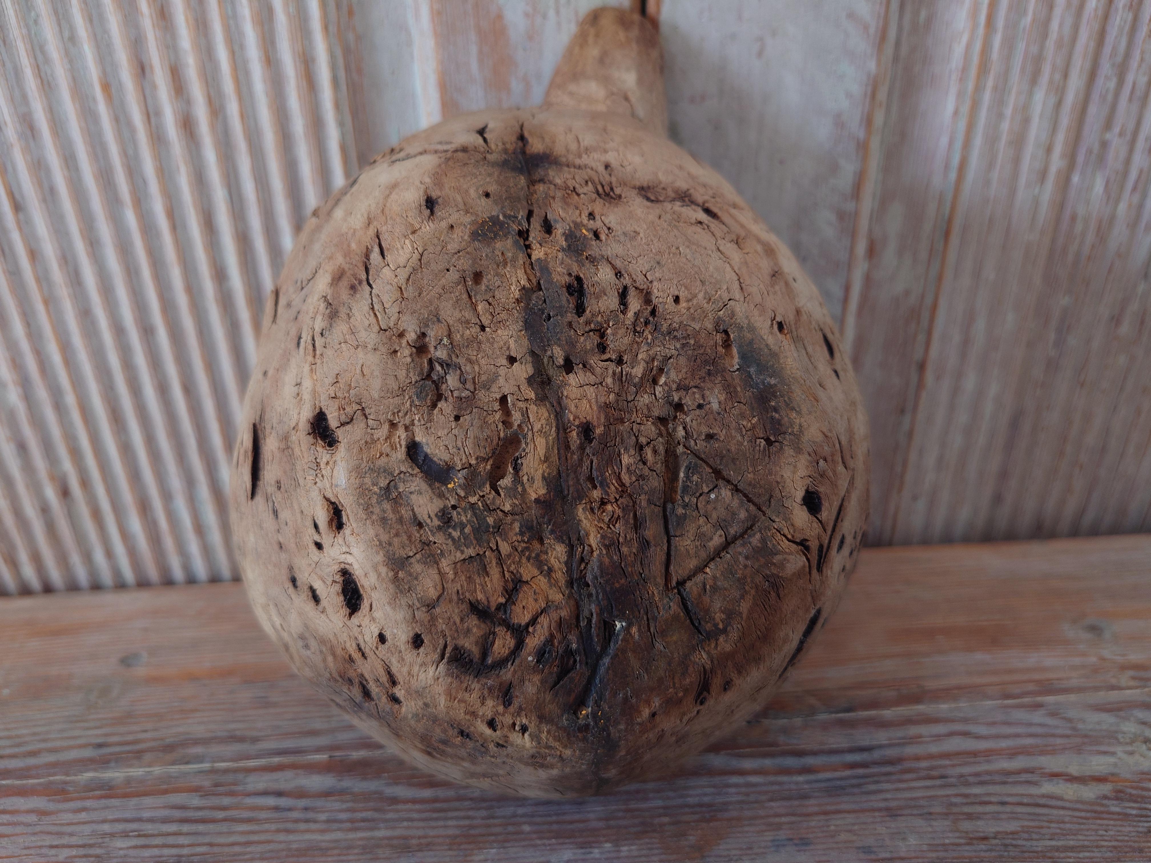 Pine 19th Century, Swedish Antique Rustic Wooden Bowl with Handle  For Sale
