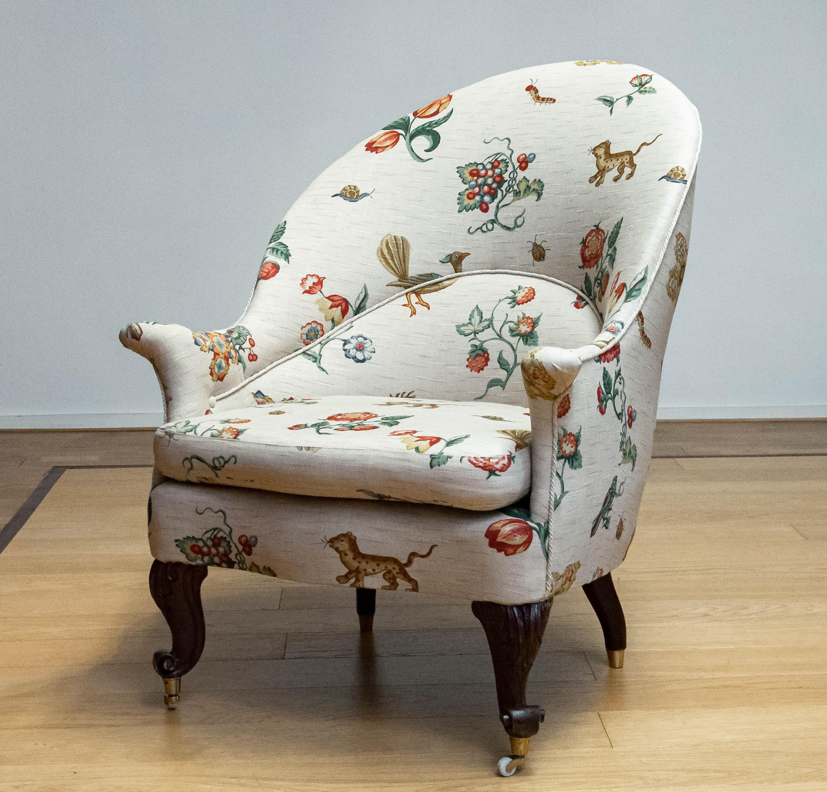 19th Century Swedish Armchair With Linen Flora And Fauna Fantasy Print Fabric For Sale 6