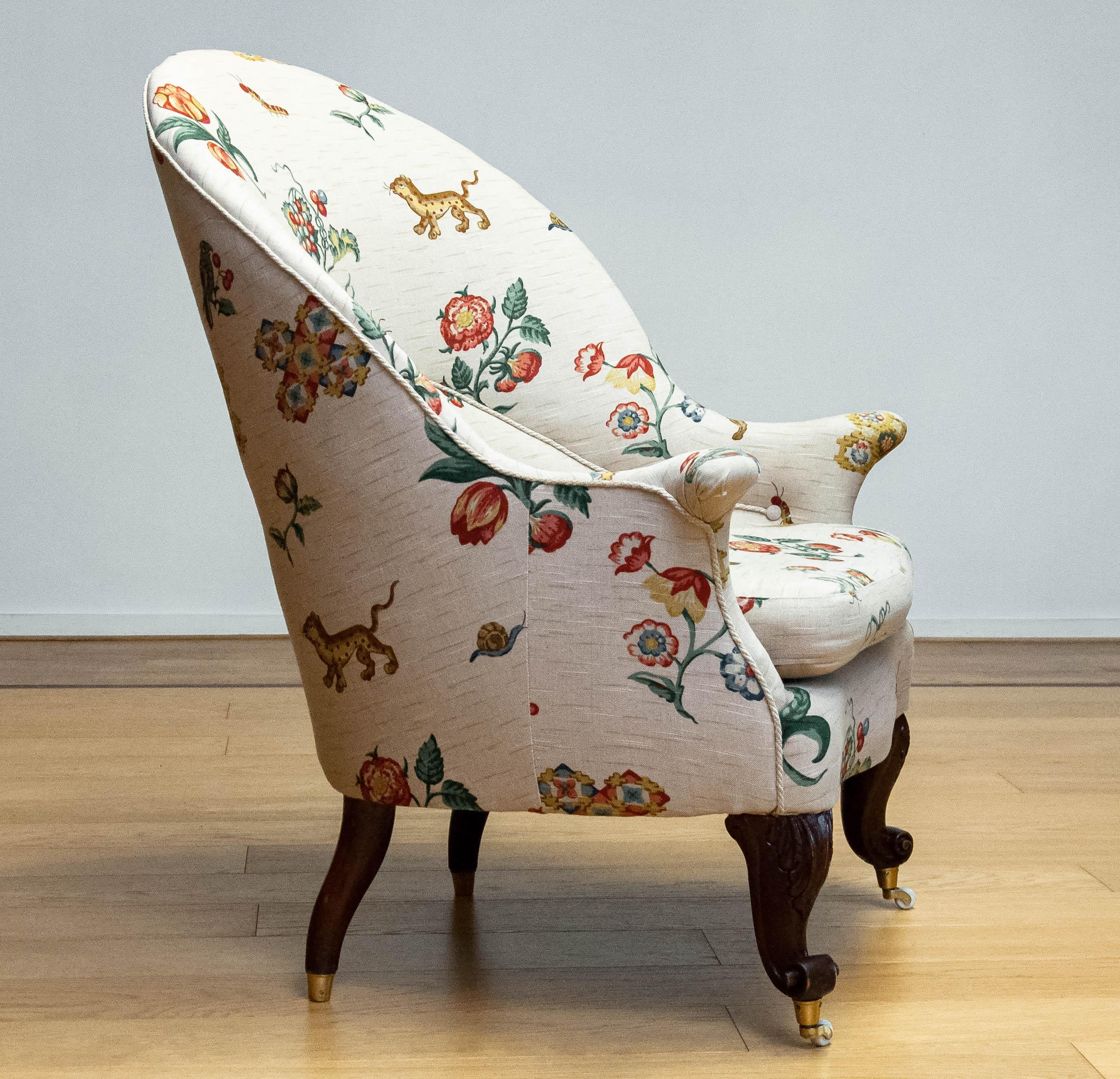 19th Century Swedish Armchair With Linen Flora And Fauna Fantasy Print Fabric For Sale 1