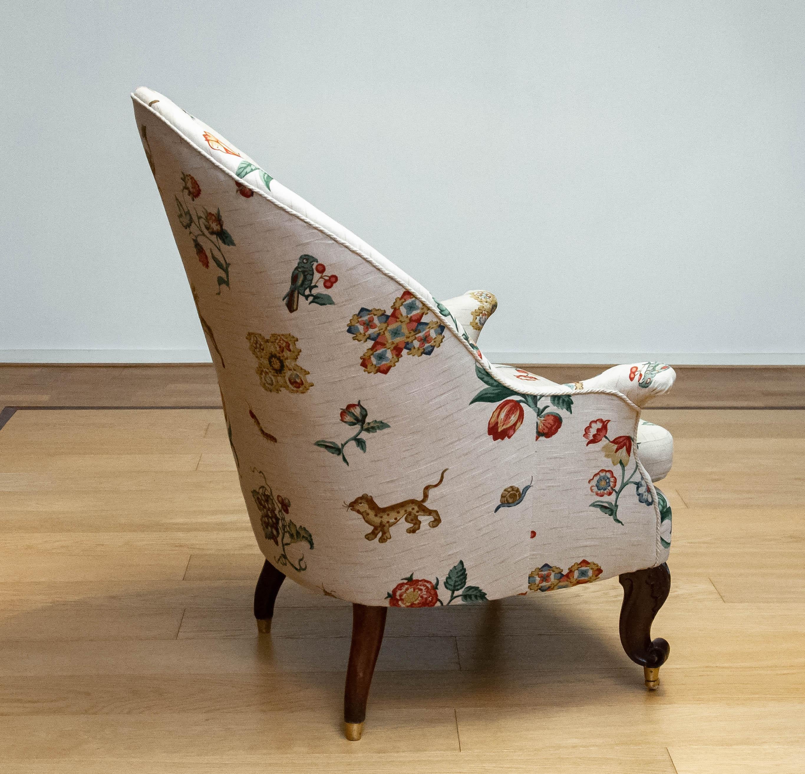 19th Century Swedish Armchair With Linen Flora And Fauna Fantasy Print Fabric For Sale 2