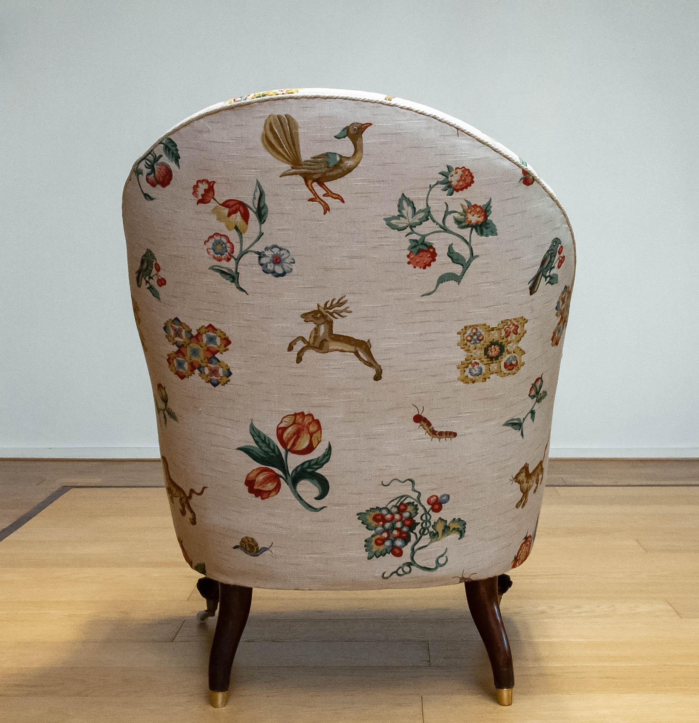 19th Century Swedish Armchair With Linen Flora And Fauna Fantasy Print Fabric For Sale 3